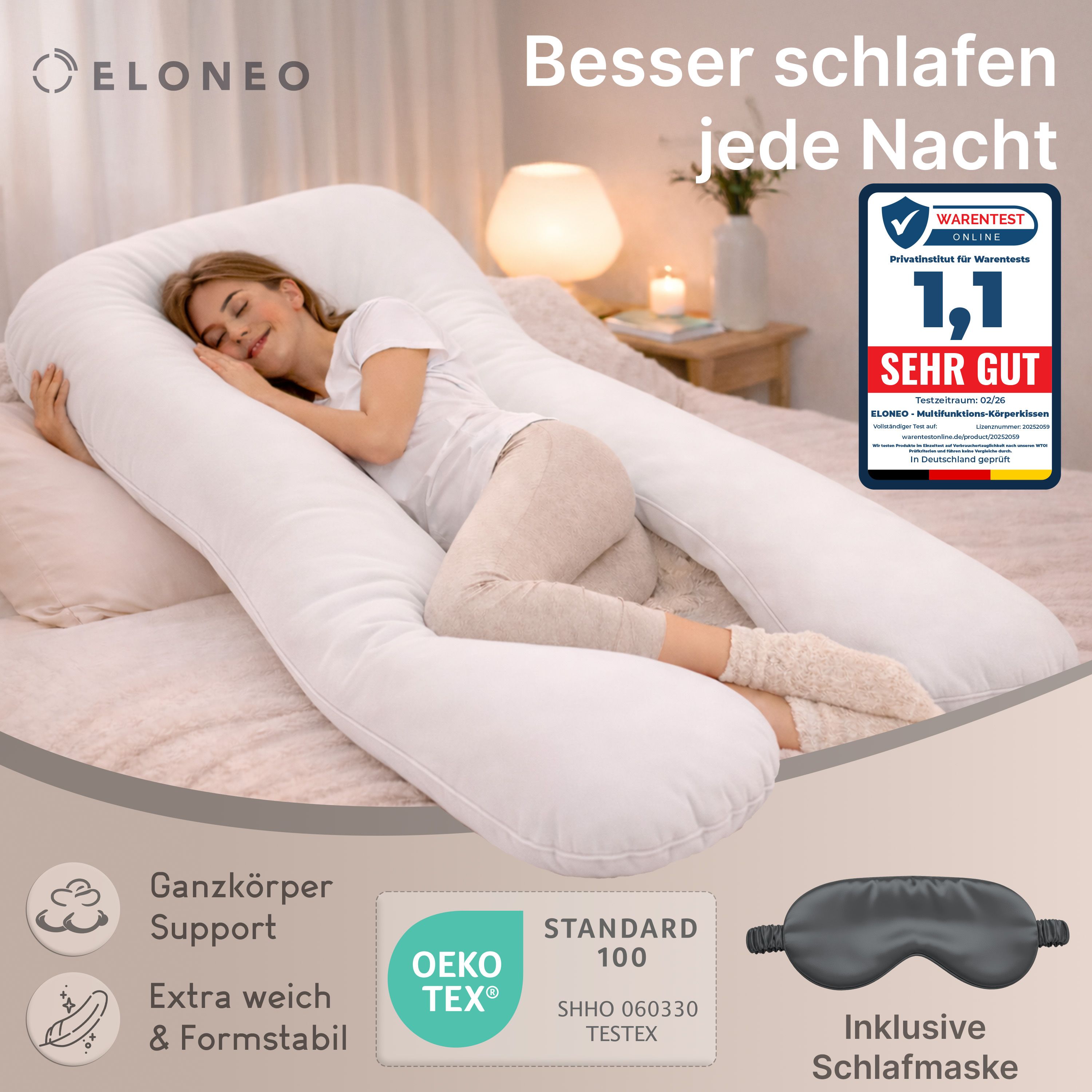 Multifunktions-Körperkissen mit Schlafmaske, Weiß