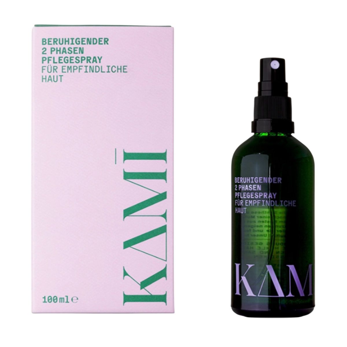 Grüne Flasche und rosa Verpackung. Aufschrift: KAMI, 2-Phasen-Pflegespray für empfindliche Haut. 100ml.