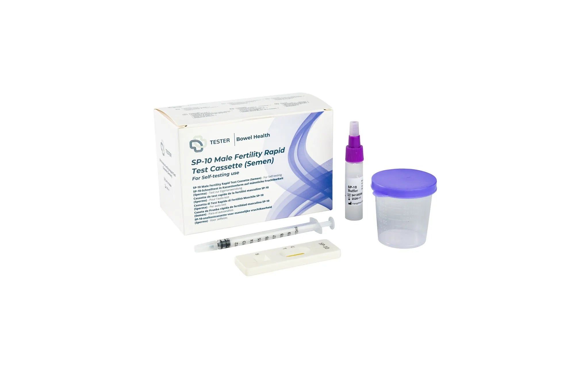 Testkit für männliche Fruchtbarkeit mit Kassette, Pipette, Spritze und Probenbecher.