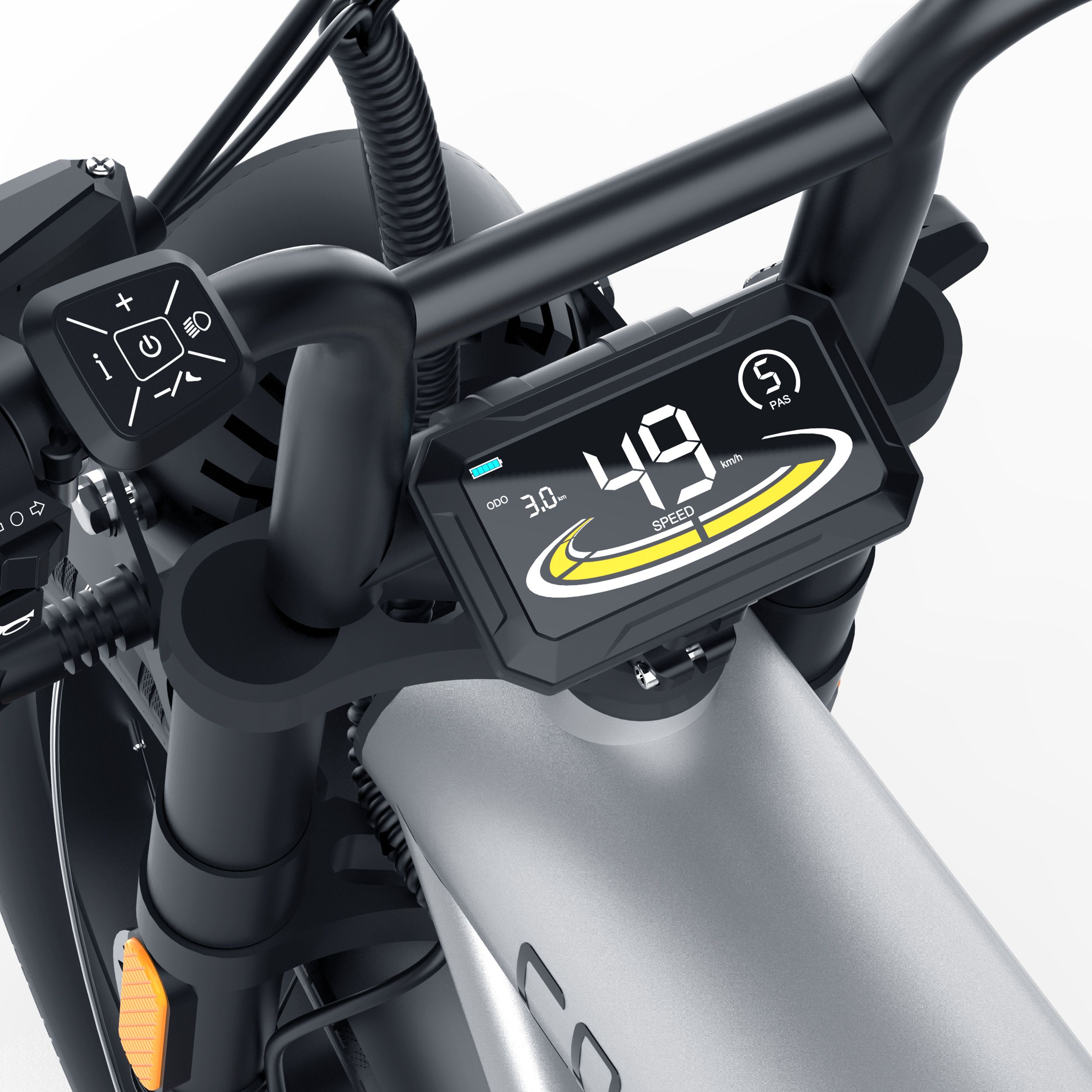 Nahaufnahme des Lenkers eines COSWHEEL CT20 E-Bikes. Digitales Display mit Geschwindigkeitsanzeige und Bedienelementen.