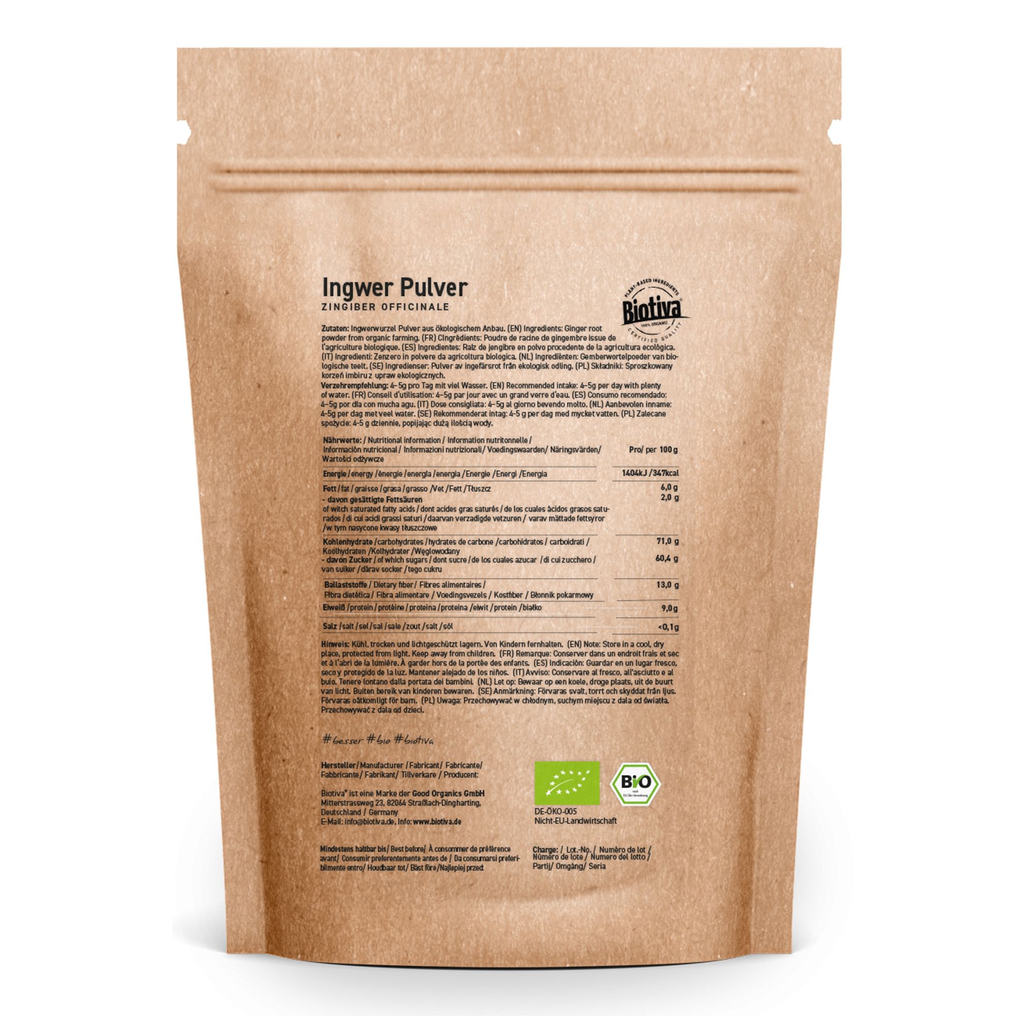 Braune Papierverpackung mit Produktinformationen und Bio-Siegel. Text: Ingwer Pulver, Biotiva.