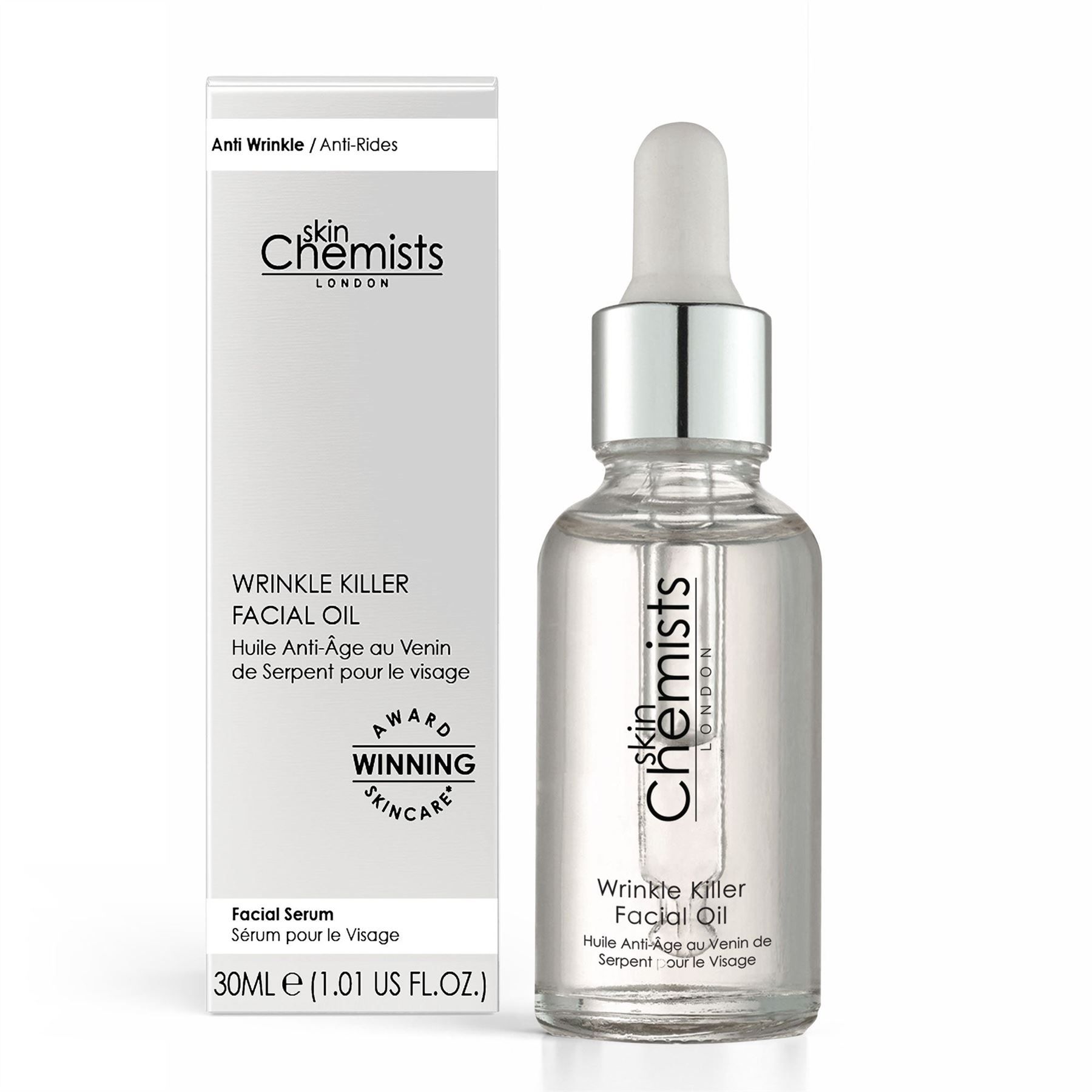 SkinChemists Faltenbekämpfendes Anti-Aging-Gesichtsöl in Glasflasche mit Pipette und Umverpackung.