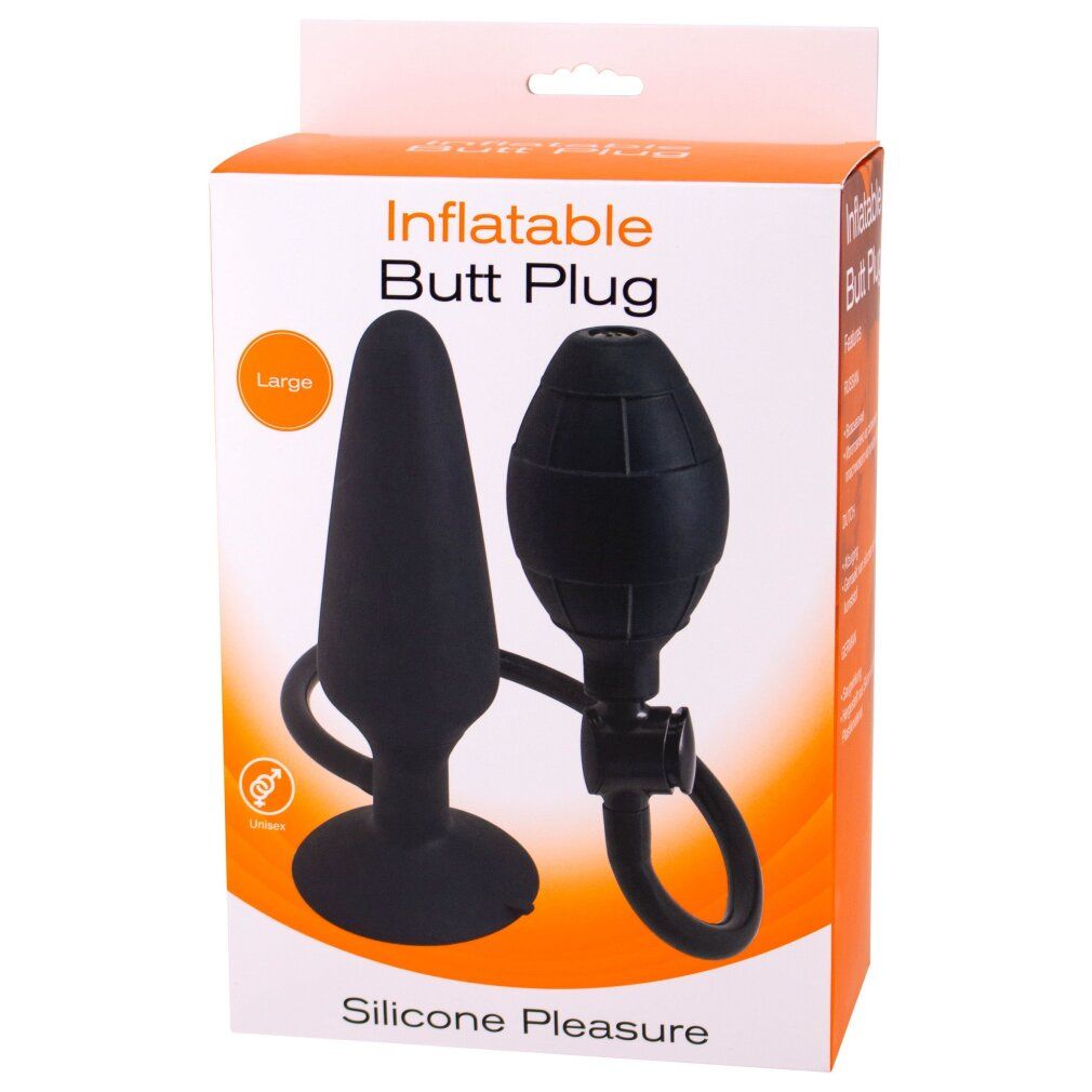 Schwarzer Analplug mit Pumpe, in Verpackung. Aufschrift: Inflatable Butt Plug, Large, Silicone Pleasure.