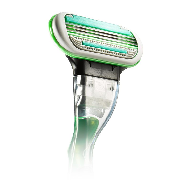 Gillette Body Rasiererkopf. Grün-weißer Kopf mit 3 Klingen. Schwarzer Griffansatz. Transparentes Gehäuse.