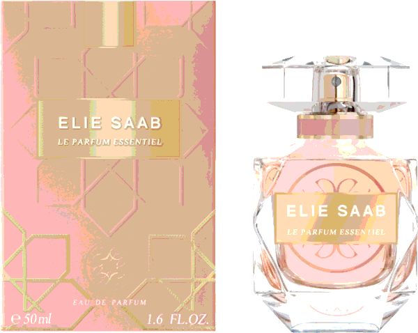 Elie Saab Le Parfum Essentiel Eau de Parfum Flakon und rosa Verpackung mit geometrischem Muster.