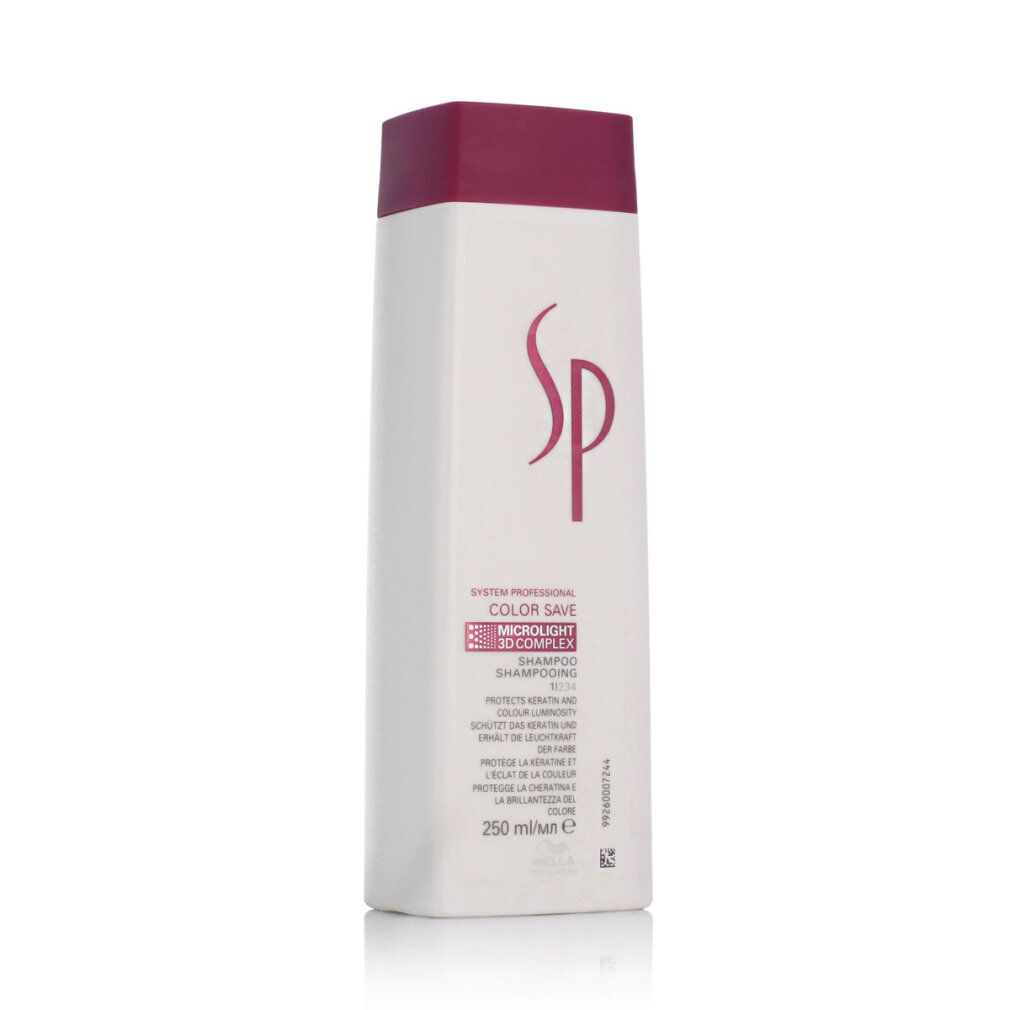 Weißes Shampoo mit lila Deckel. Aufschrift SP, Color Save und 3D Complex. 250ml.