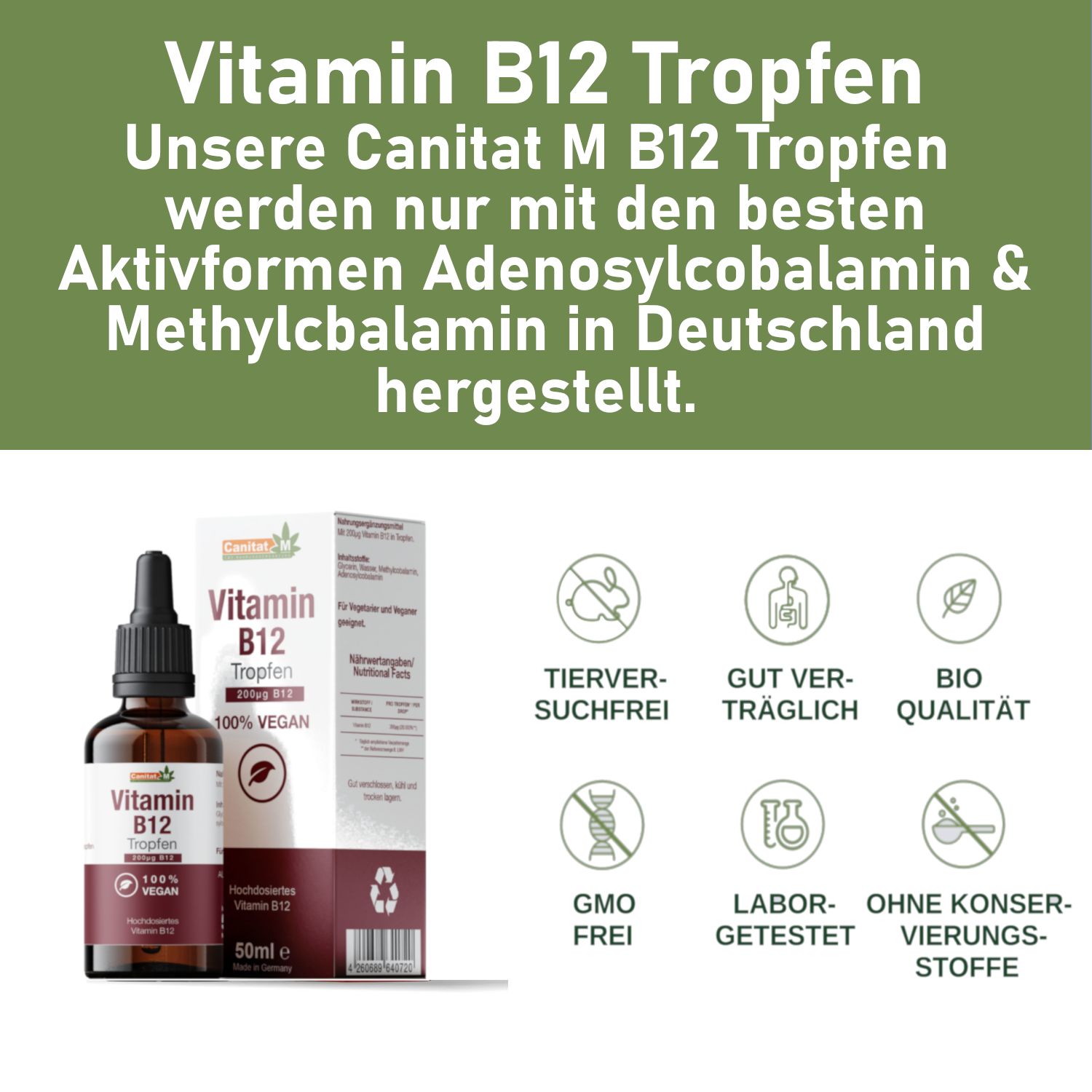 Produktflasche und Verpackung. Text: Vitamin B12 Tropfen. Logos: tierversuchsfrei, gut verträglich, Bio-Qualität, GMO-frei, Labor getestet, ohne Konservierungsstoffe.