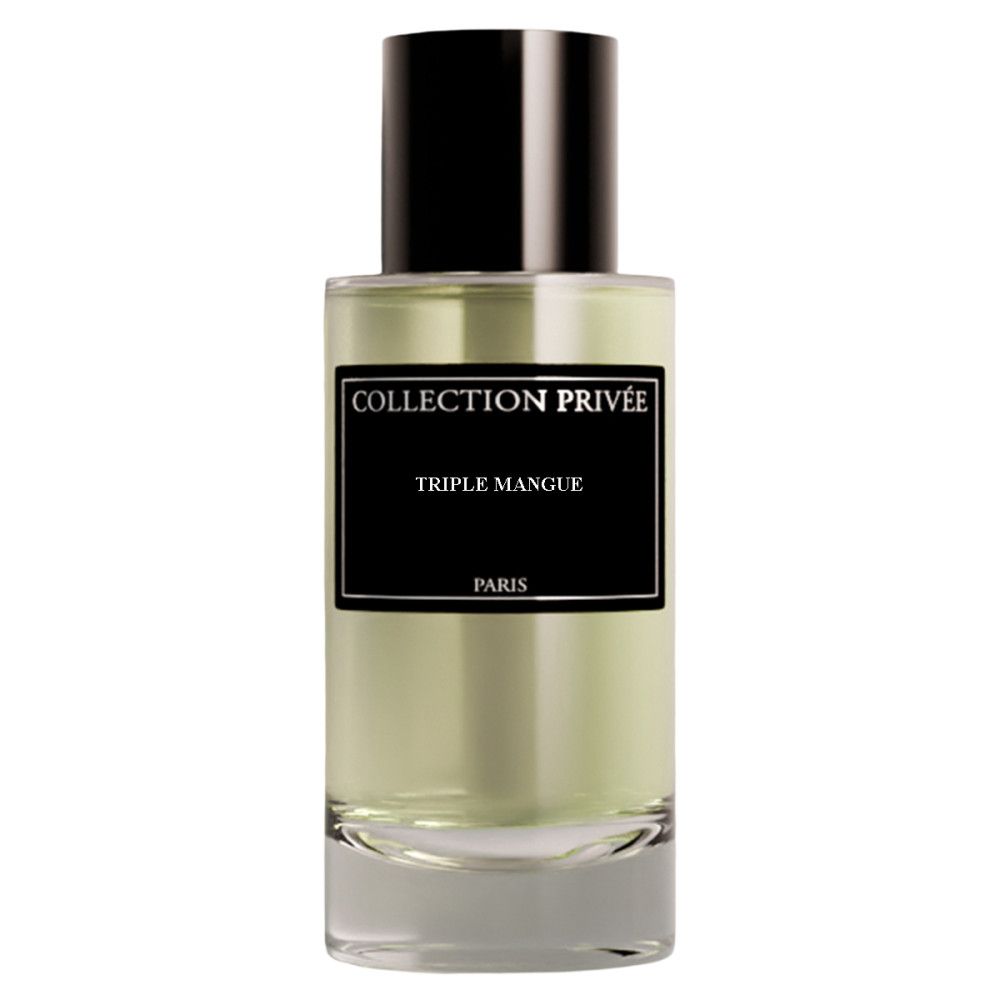 Parfümflakon mit schwarzem Deckel. Schwarzes Etikett mit "COLLECTION PRIVÉE", "TRIPLE MANGUE", "PARIS".