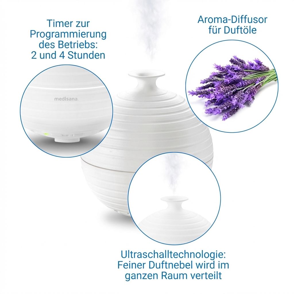 Aroma-Diffusor: Timer 2/4 Std., Ultraschalltechnologie, Lavendel.