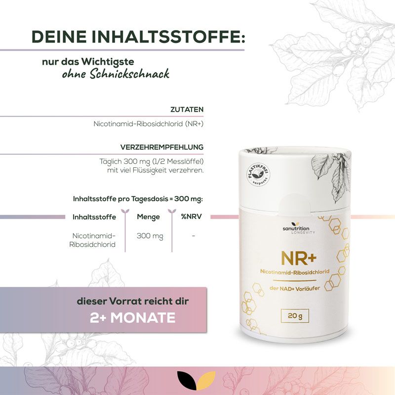 Produkt mit Dose "Sanutrition NR+". Text: Nicotinamid-Ribosid (NR+), 20g. Empfehlung: 300 mg täglich. Vorrat für 2+ Monate.