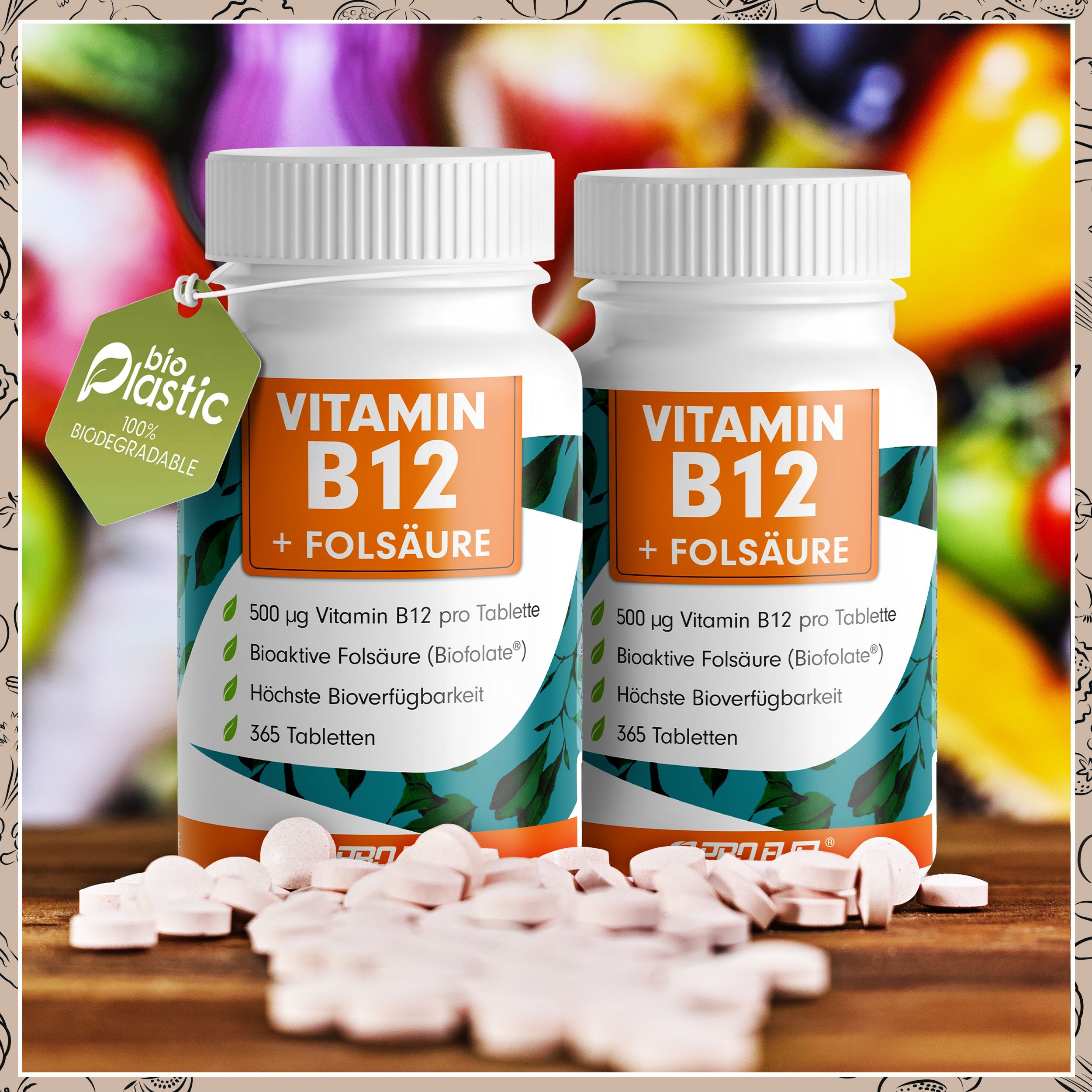 Zwei Flaschen Vitamin B12 + Folsäure. Aufschrift: 500 µg Vitamin B12 pro Tablette, 365 Tabletten. Mit Anhänger: bio-plastic.