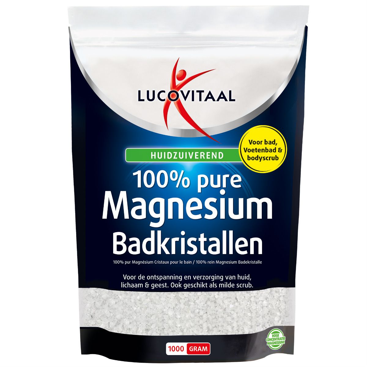 Beutel mit Badkristallen. Aufschrift: 100% reines Magnesium. Grün-gelbes Etikett: Für Bad, Fußbad & Körperpeeling. Unten: 1000 Gramm.