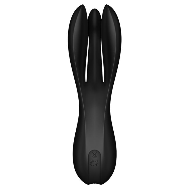 Schwarzes Wellness-Produkt mit drei Ausläufern. Auf der Oberfläche sind Bedienelemente zu sehen.