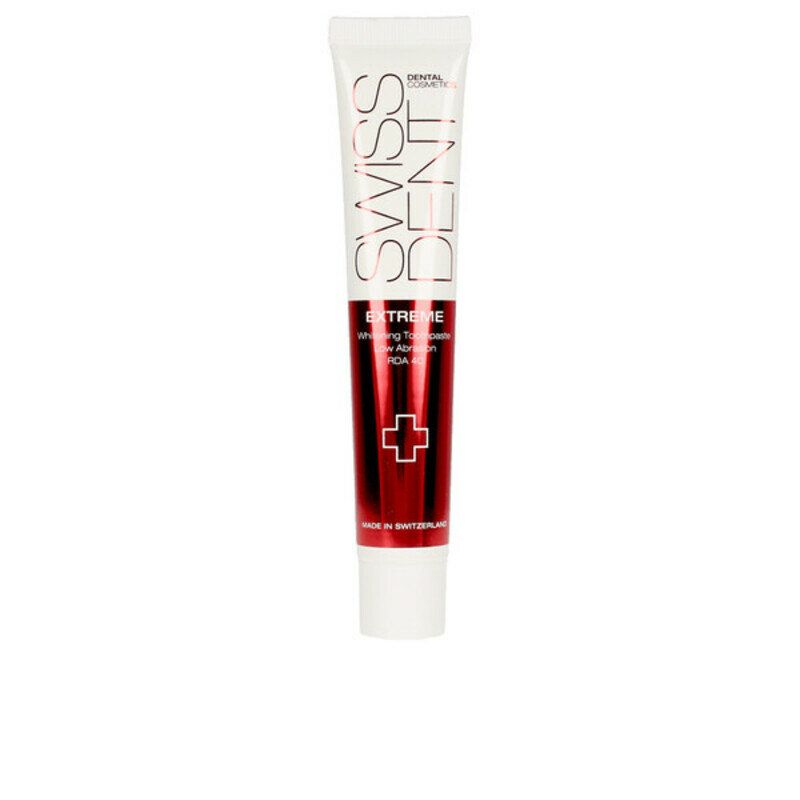 Zahncreme-Tube, weiß und rot, mit Schriftzug SWISSDENT und EXTREME. Rotes Kreuz-Logo. Hergestellt in der Schweiz. Für empfindliche Zähne.