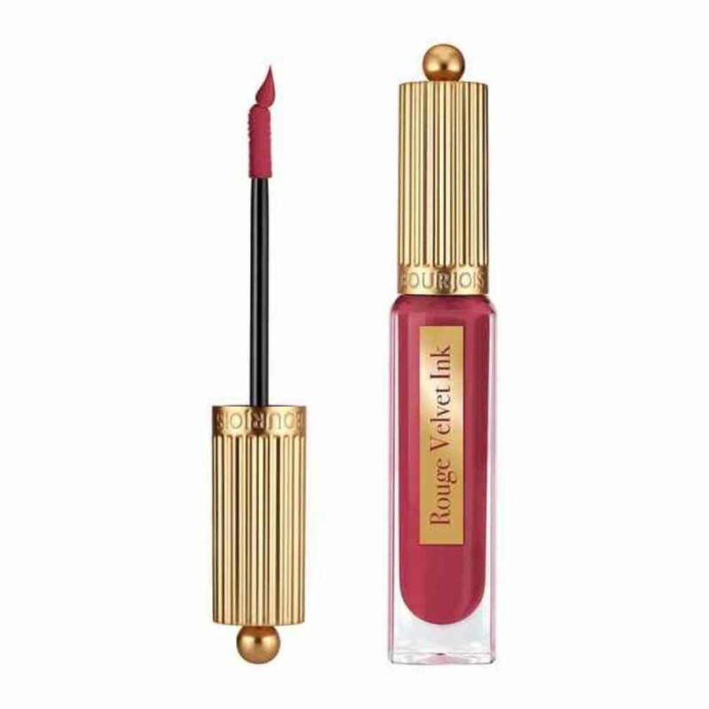 Bourjois Rouge Velvet Ink 15 Sweet Dar(k)ling. Lippenstift mit goldfarbenem Deckel und Applikator. Der Applikator ist geöffnet.