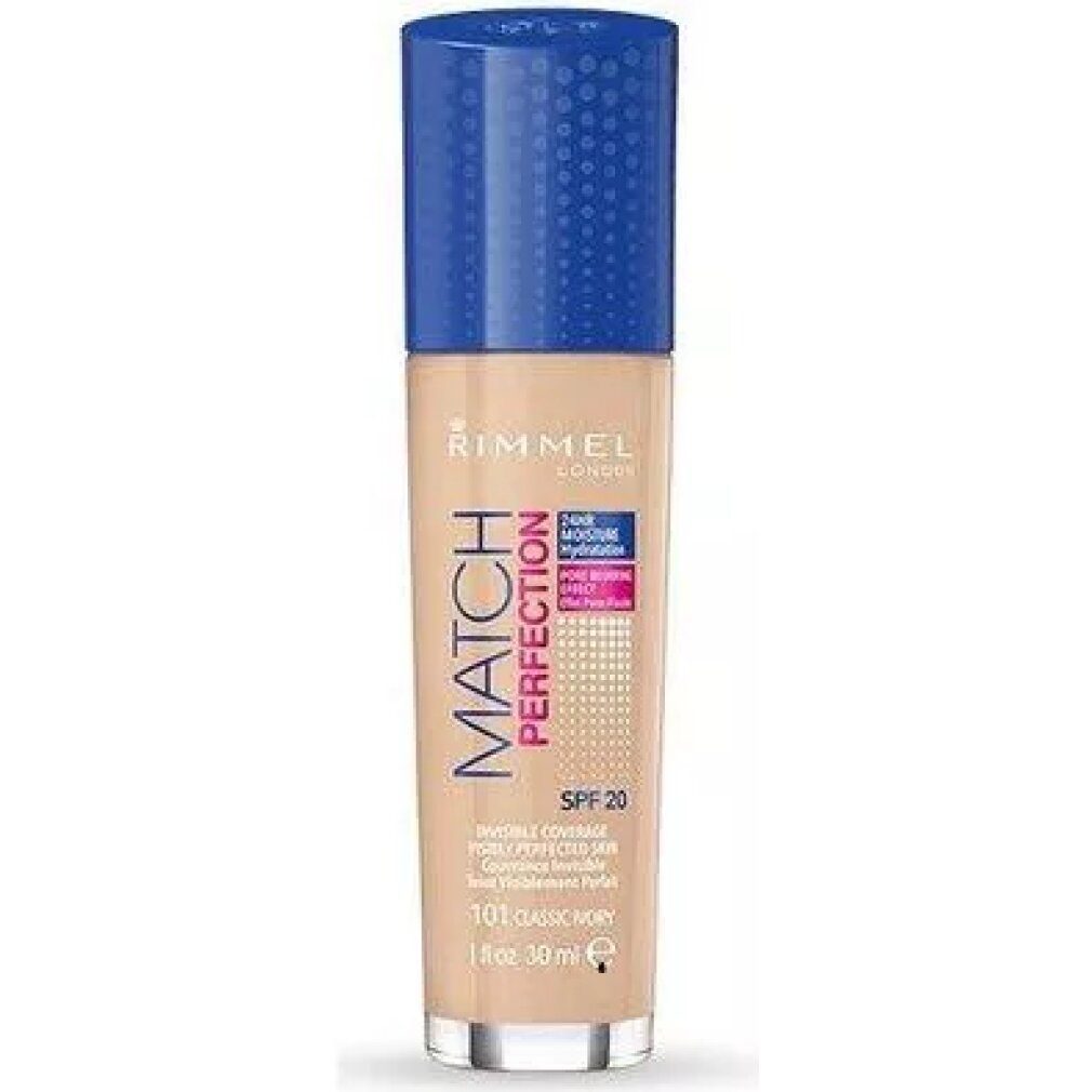 Rimmel London Match Perfection Foundation. Flasche mit blauem Deckel. Farbton 101 Classic Ivory. SPF 20.