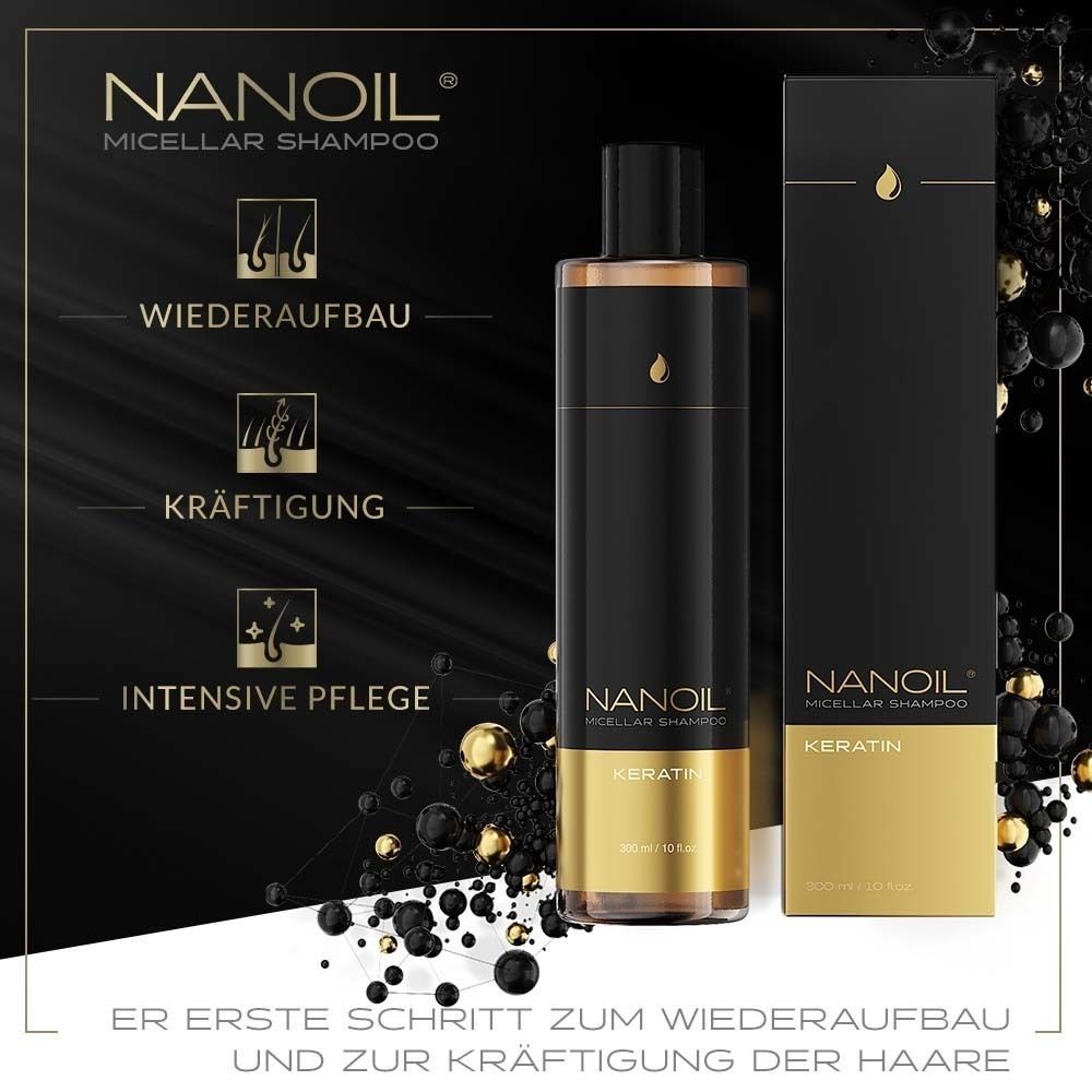 Nanoil Micellar Shampoo Flasche und Karton, schwarz und gold, mit Symbolen für Wiederaufbau, Kräftigung und intensive Pflege.