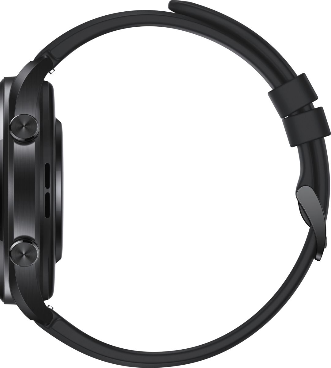 Schwarze Smartwatch, Seitenansicht. Rundes Gehäuse mit Knöpfen. Schwarzes Armband.