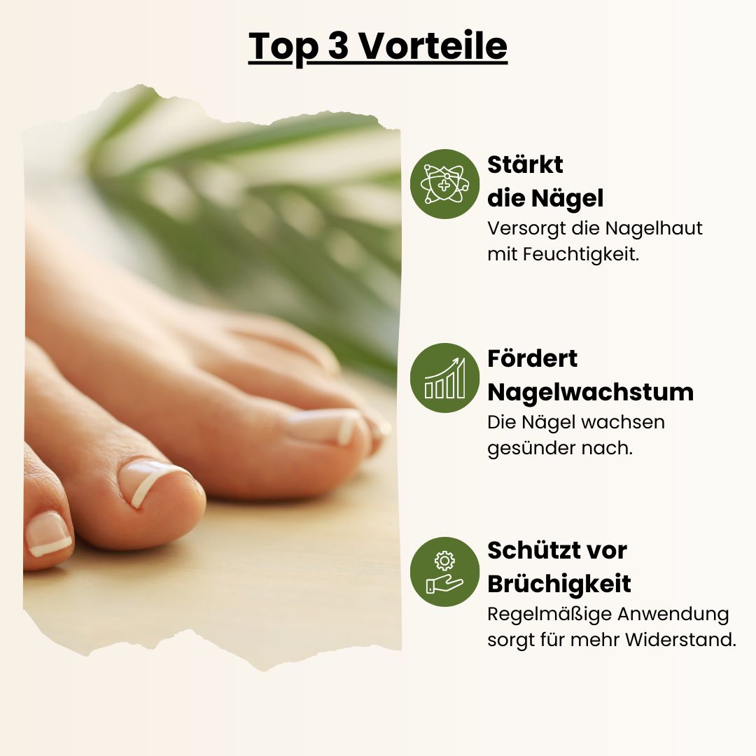Grafik mit drei Vorteilen: Stärkung der Nägel, Förderung des Nagelwachstums, Schutz vor Brüchigkeit.