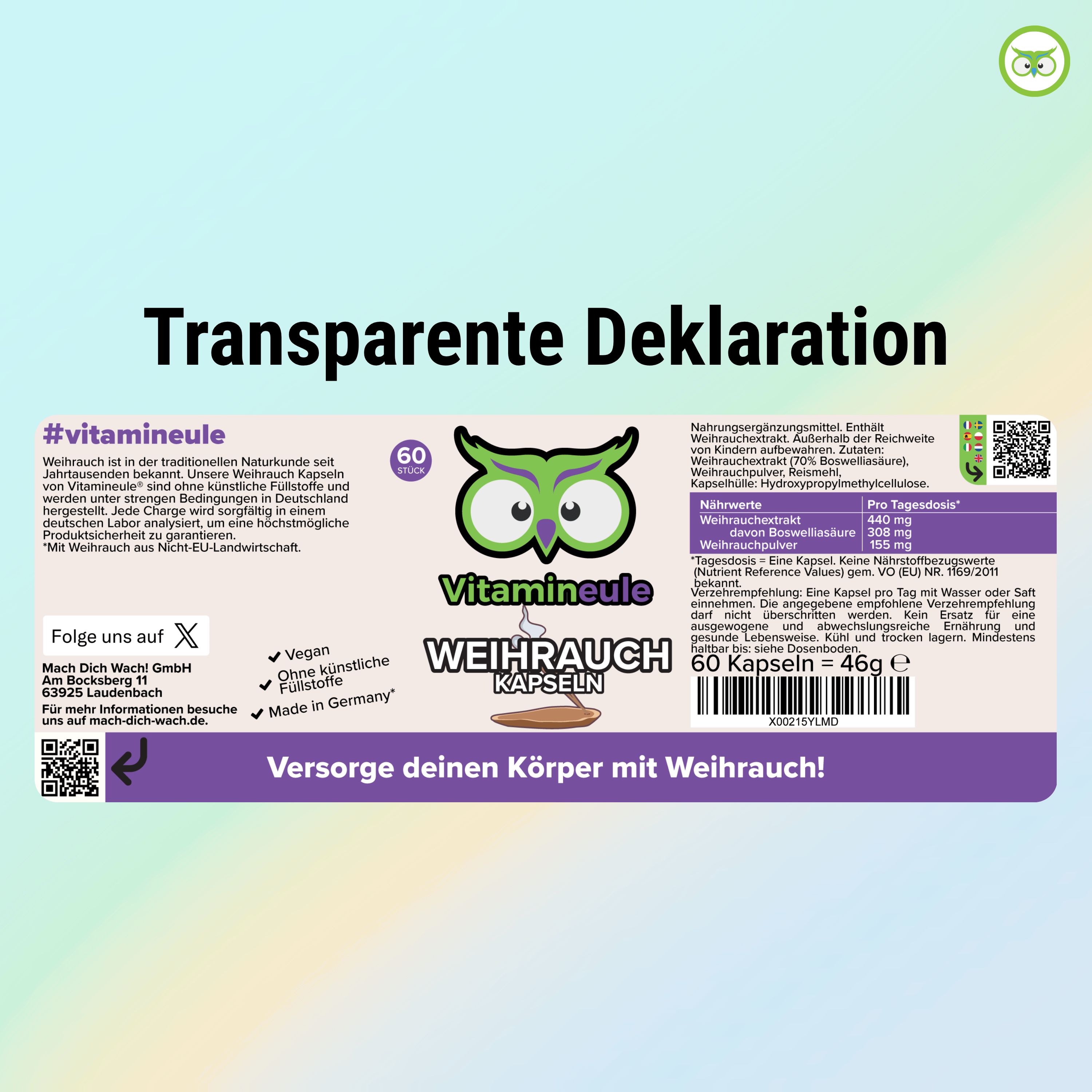 Etikett mit Produktinformationen. 'Vitamineule' und 'Weihrauch Kapseln'. 60 Kapseln, 46g. Enthält Nährwertangaben und Inhaltsstoffe.