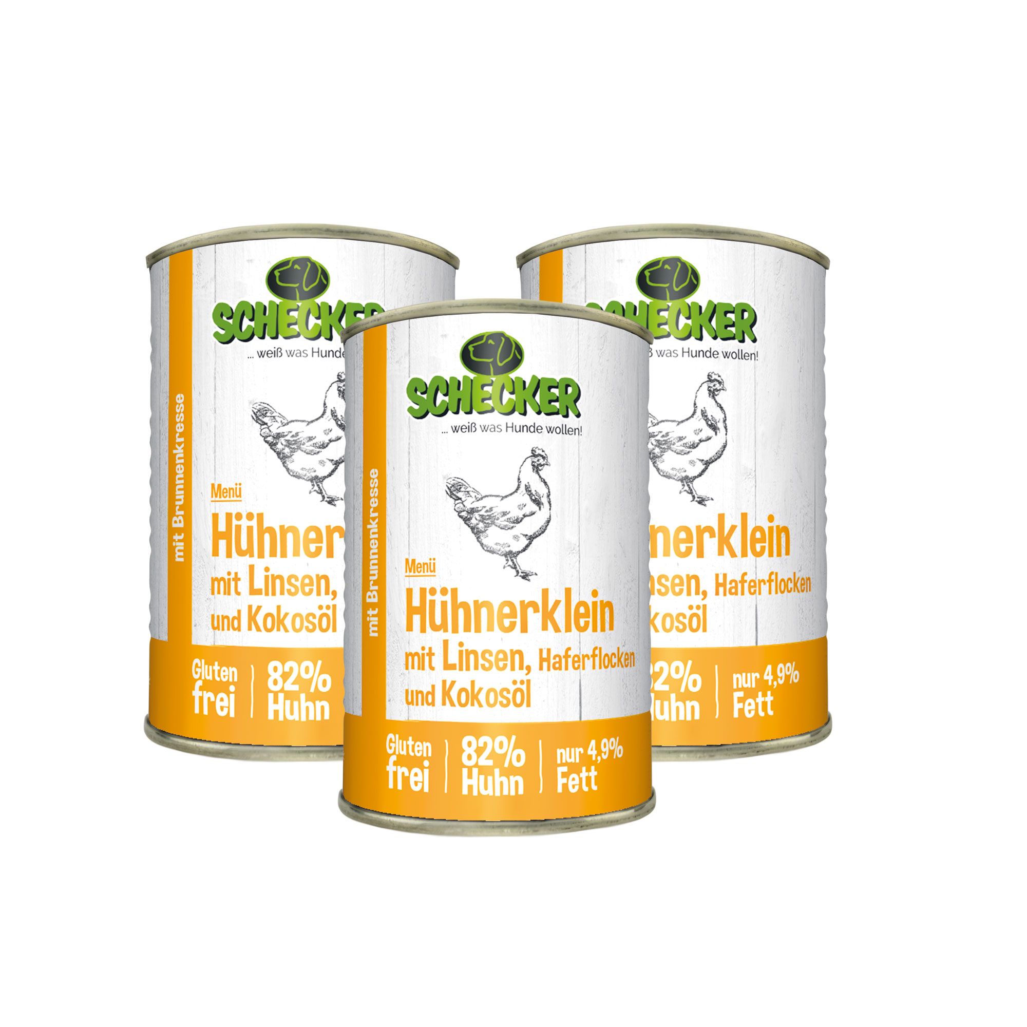 Drei Dosen Schecker Nassfutter. Hühnerklein, Linsen, Haferflocken und Kokosöl. Text: Glutenfrei, 82% Huhn, 4,9% Fett.