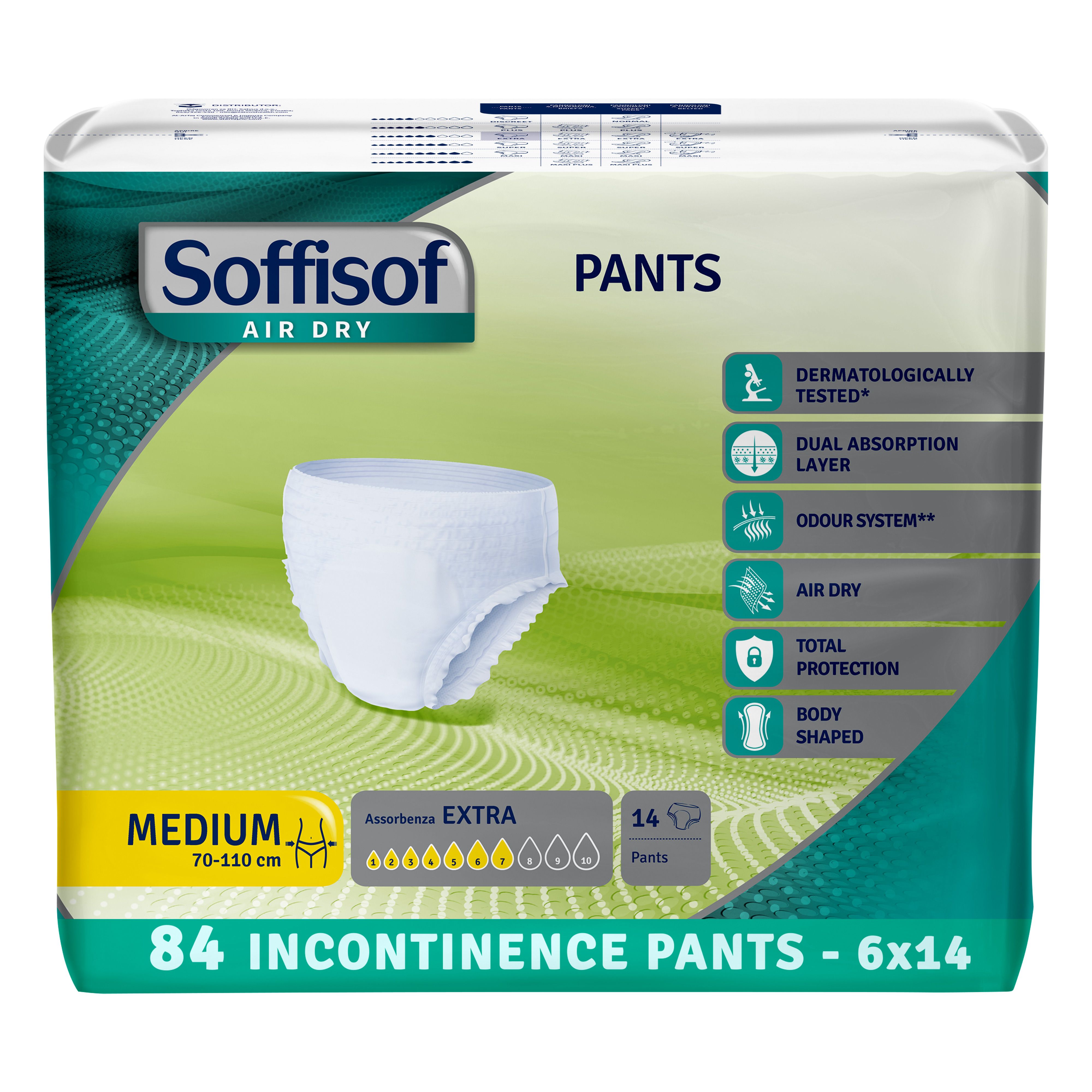 Verpakking Soffisof Pants Extra. Maat Medium, 70-110 cm. 14 stuks. Details op de verpakking.