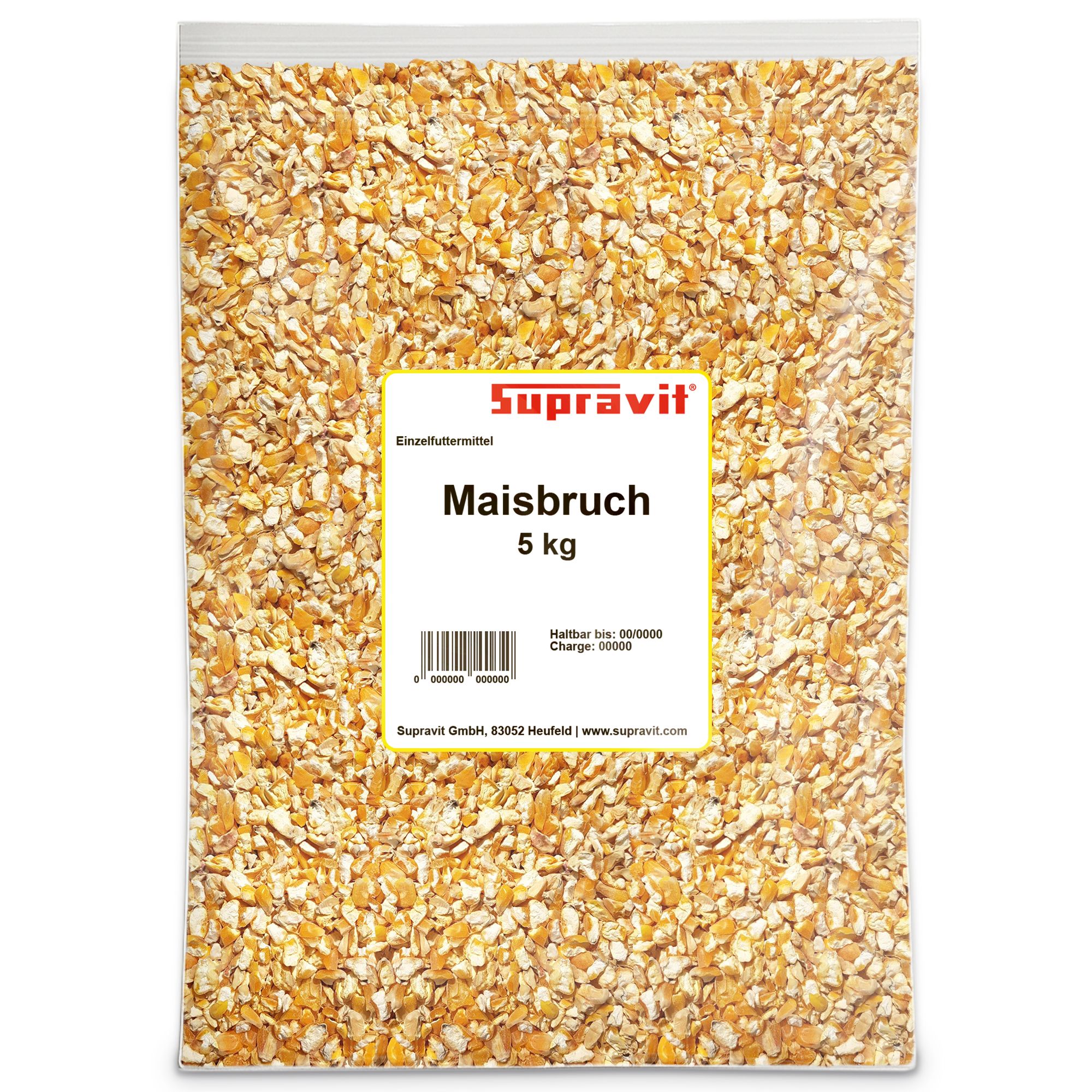 Transparente Verpackung mit Maisbruch. Text: Supravit Maisbruch 5 kg. Barcode und weitere Informationen.