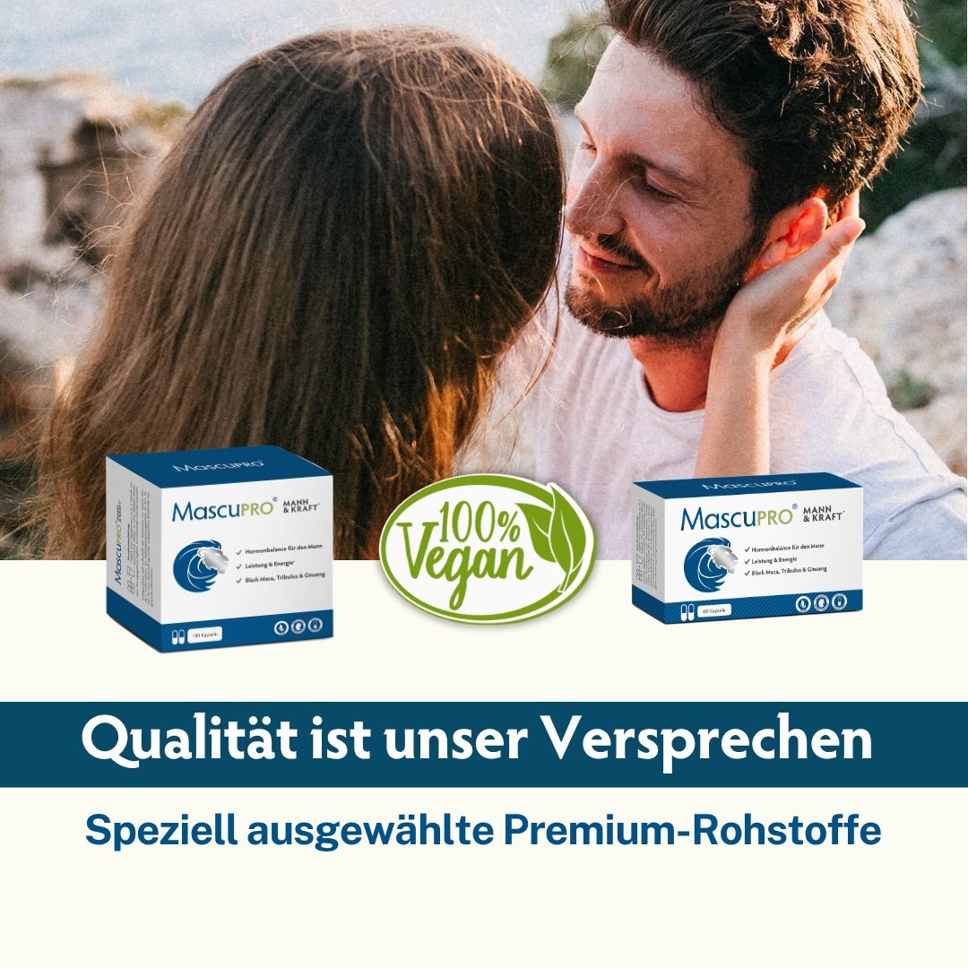 Zwei MascuPRO Produktboxen und ein Siegel '100% Vegan'.