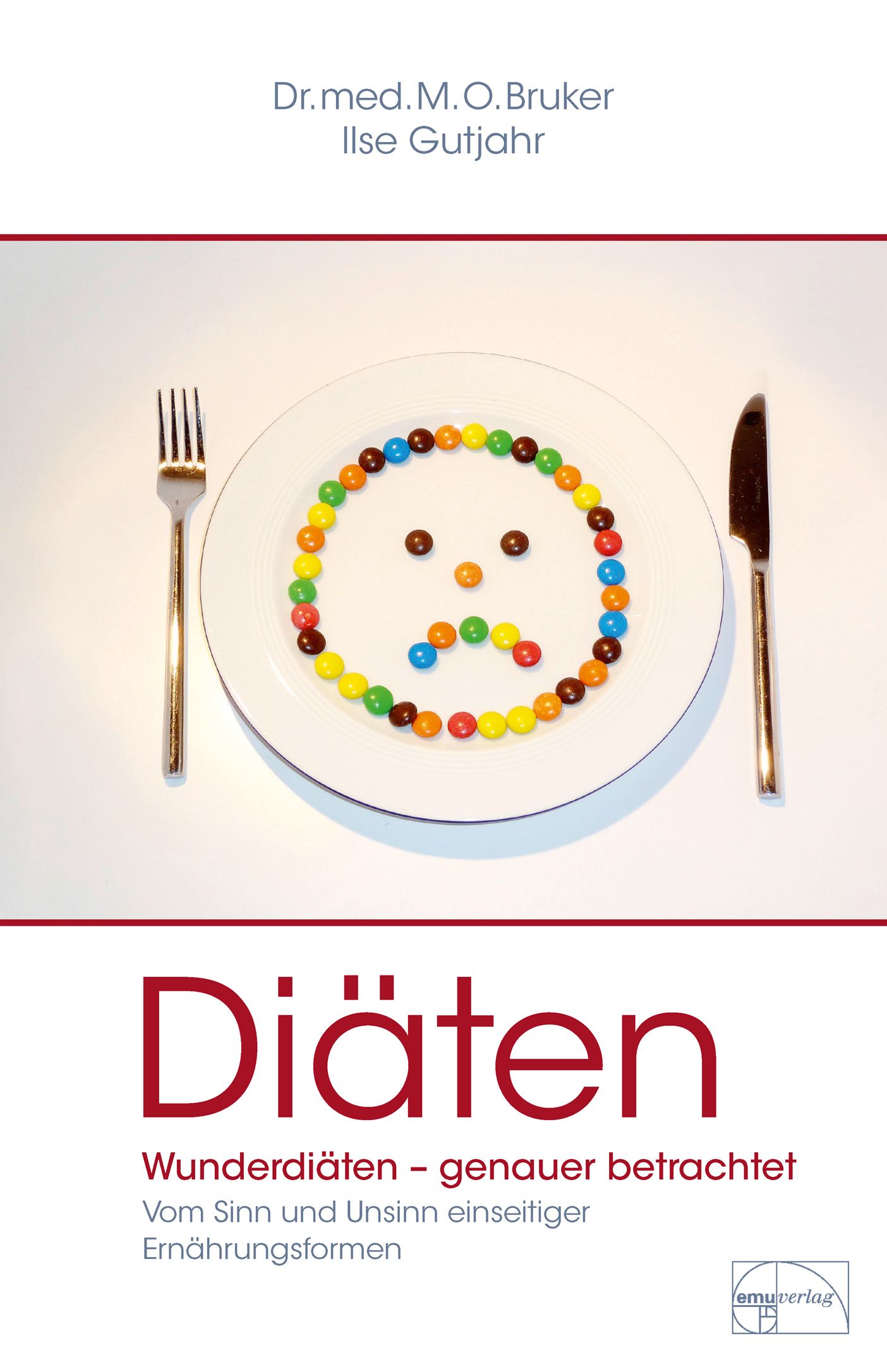 Buchcover mit Titel "Diäten". Teller mit Süßigkeiten-Gesicht, Gabel und Messer. Autoren: Dr.med.M.O. Bruker, Ilse Gutjahr. Verlag: emuverlag.