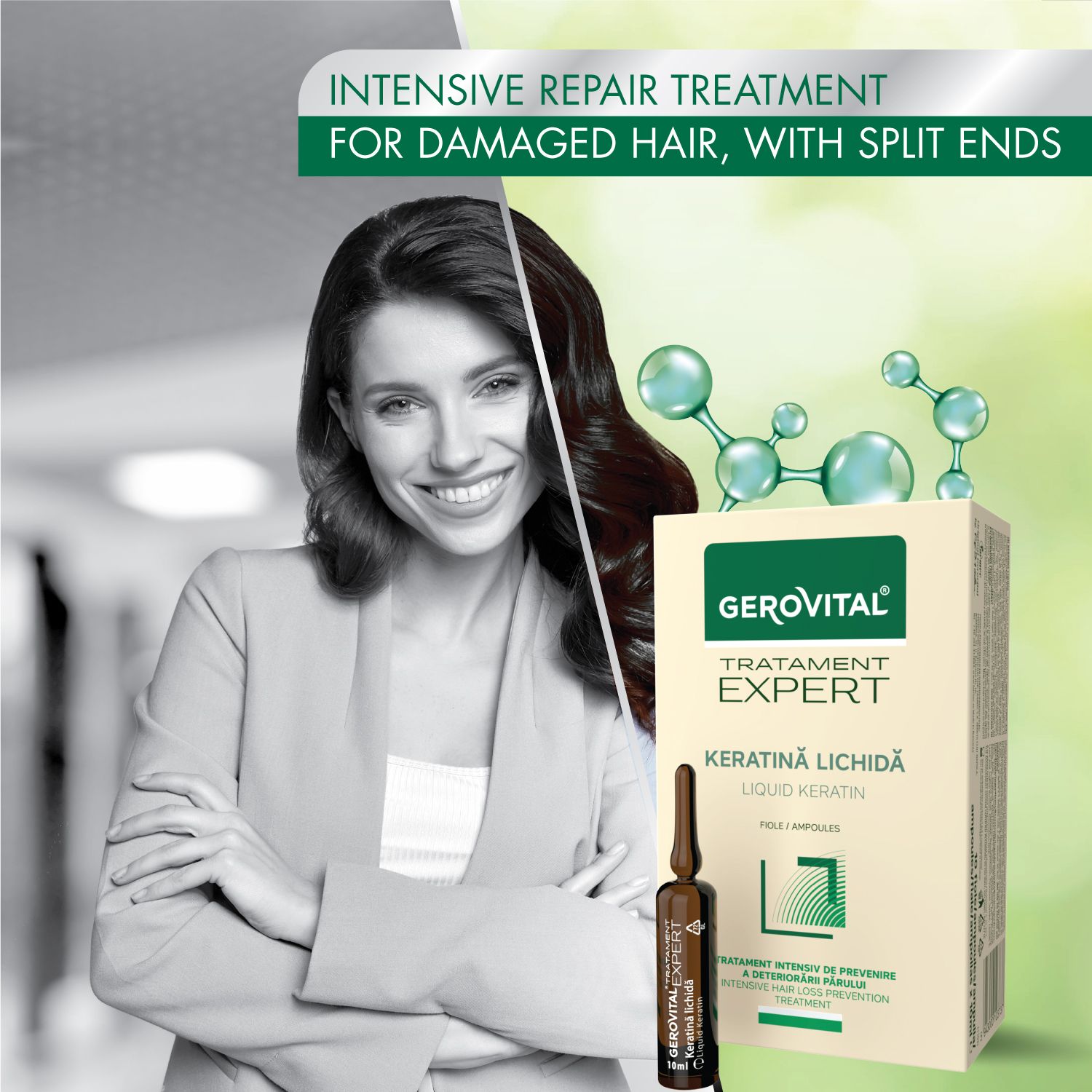 Frau mit Gerovital Expert Keratin-Packung und Ampulle. Aufschrift: Keratină Lichidă, Liquid Keratin. Hintergrund unscharf.