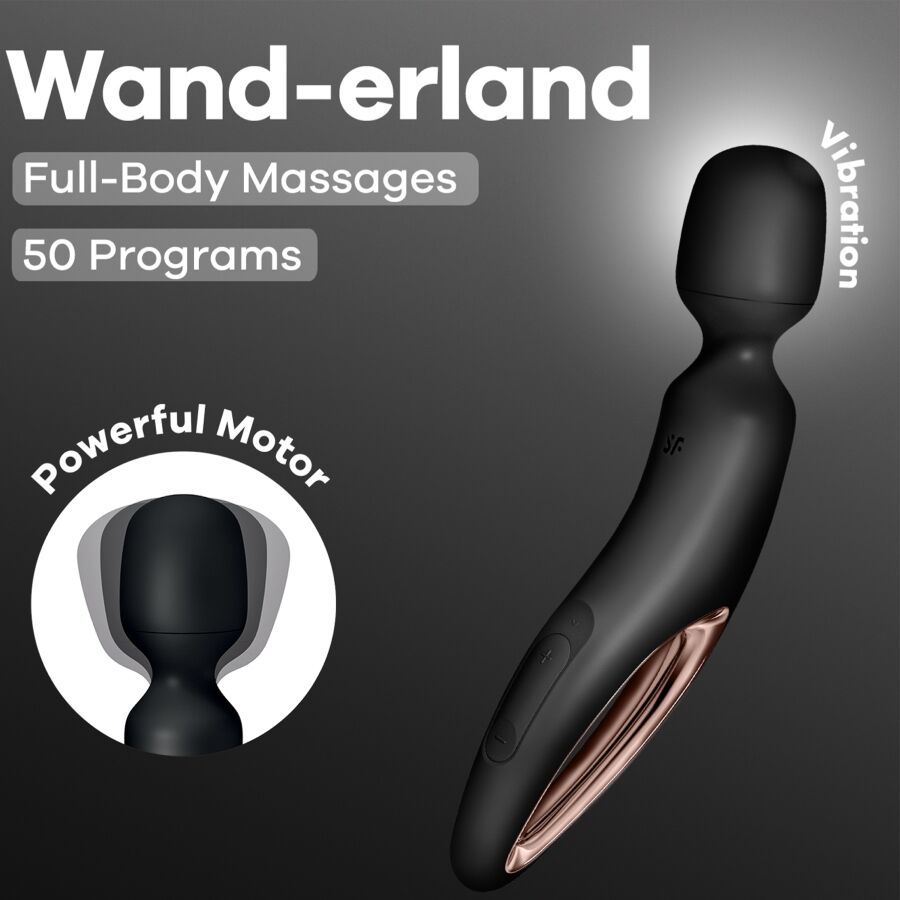 Massagegerät mit abgerundetem Kopf und geschwungenem Griff. Text: Wand-erland, Full-Body Massages, 50 Programs, Powerful Motor.