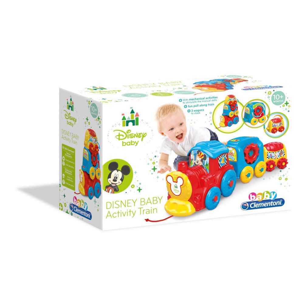 Verpackung mit Spielzeugzug. Disney Baby Activity Train. Mickey Mouse-Illustration. Baby krabbelt. Clementoni-Logo.