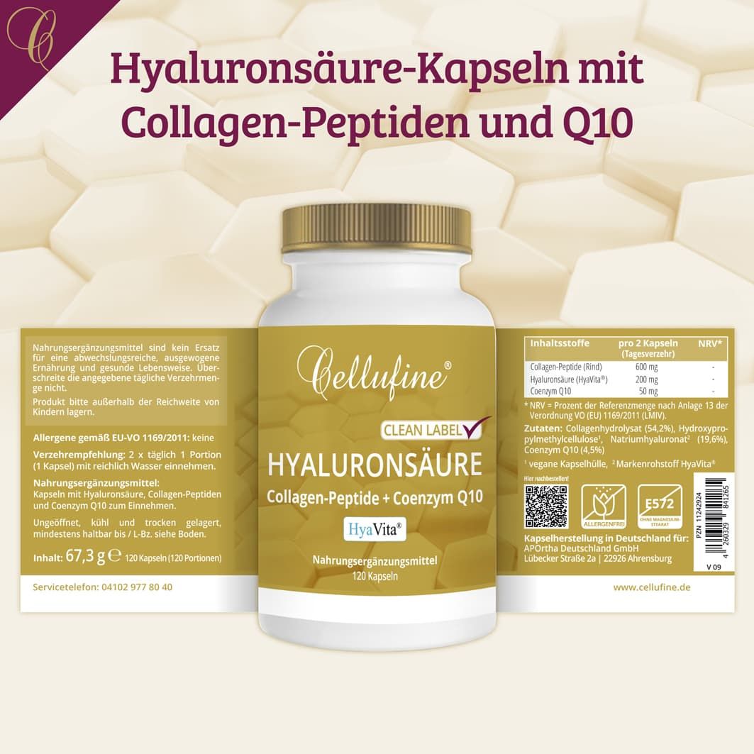 Weiße Flasche mit goldfarbenem Deckel und Etikett. Enthält Informationen zu Inhaltsstoffen und Nährwertangaben. 120 Kapseln.