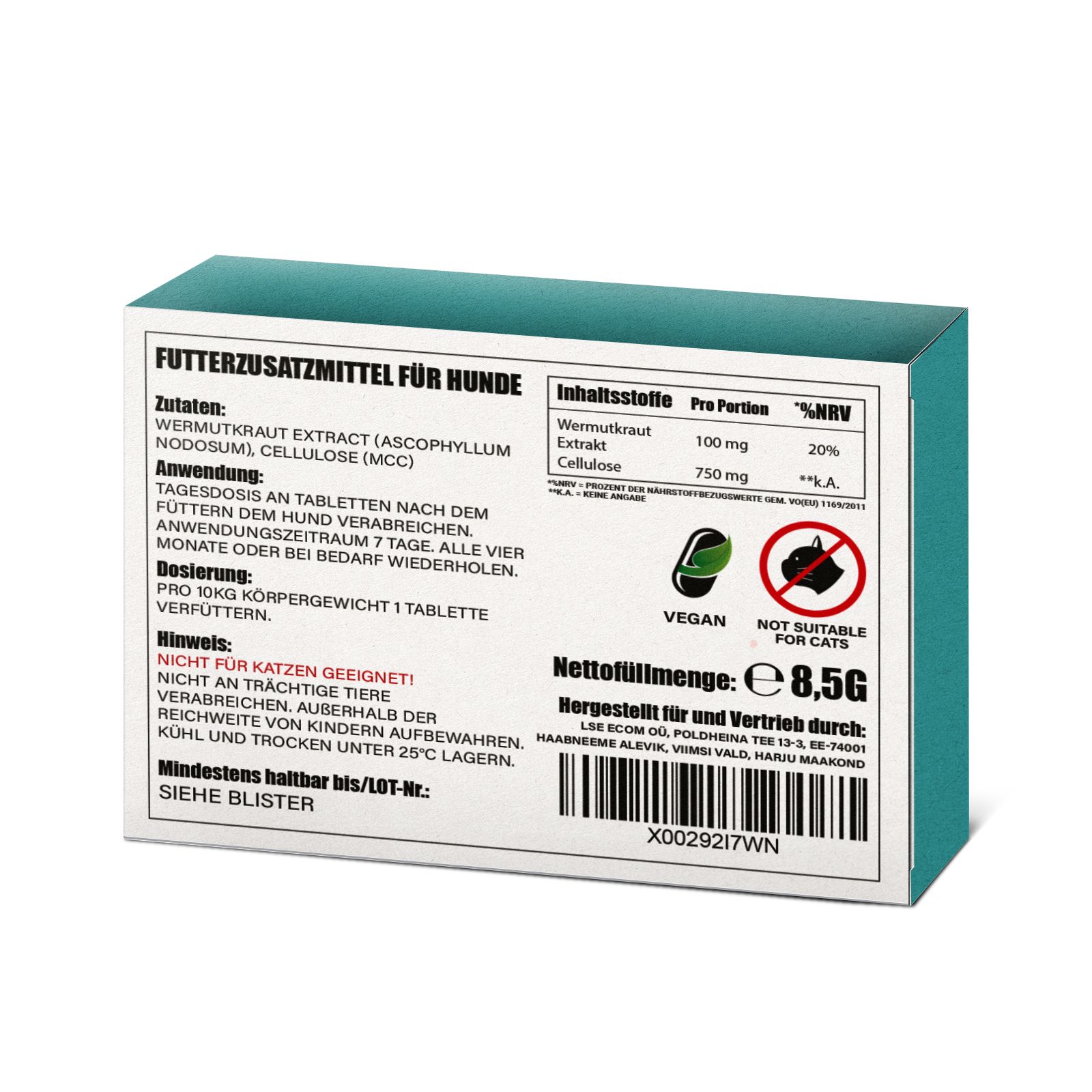 Rückseite der Verpackung mit Zutatenliste, Anwendungshinweisen und Nettofüllmenge 8,5g.