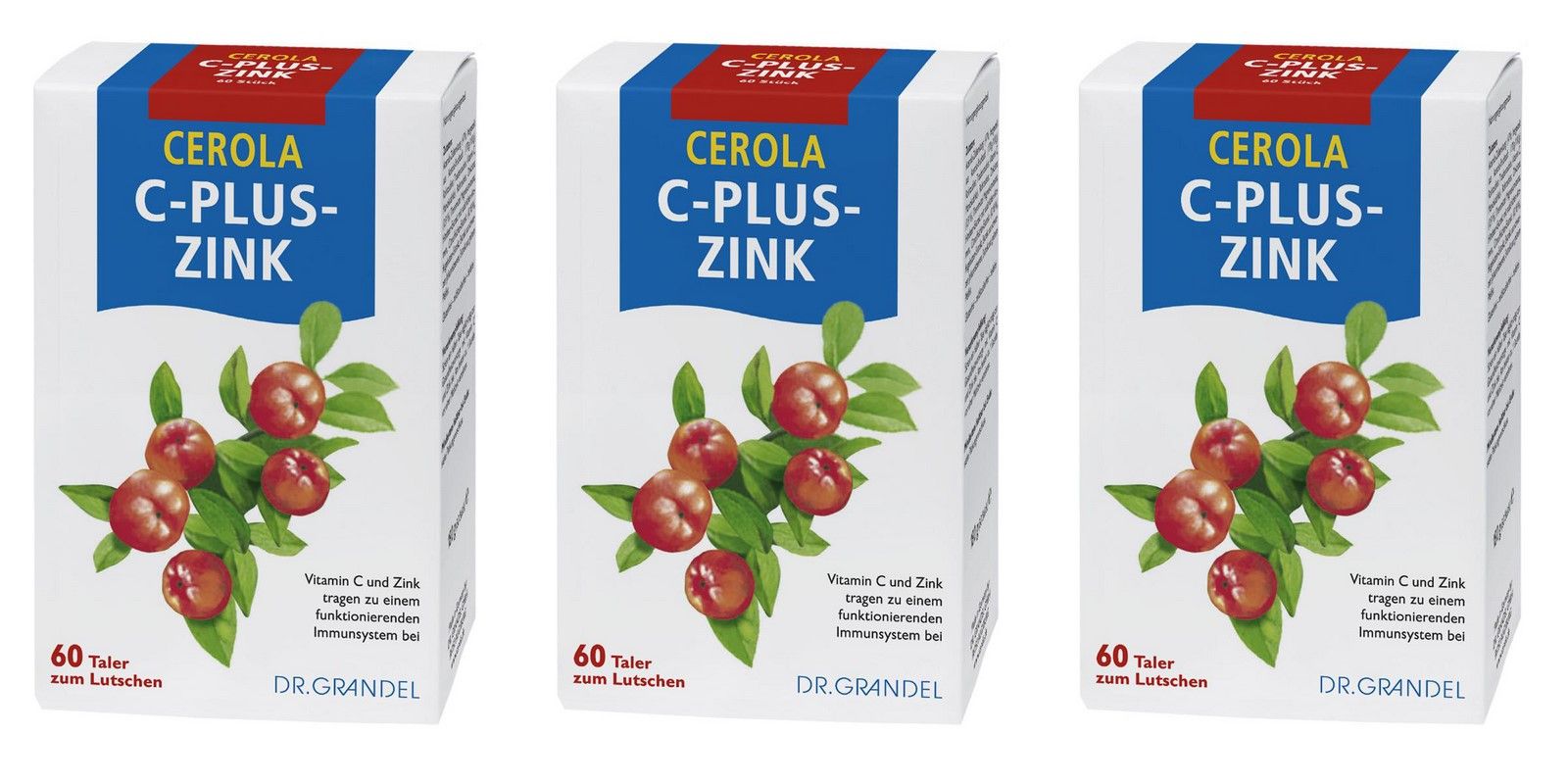 Drei weiße Schachteln mit "CEROLA C-PLUS-ZINK"-Aufdruck. Abbildung von roten Beeren und Blättern. Text: "60 Taler zum Lutschen".