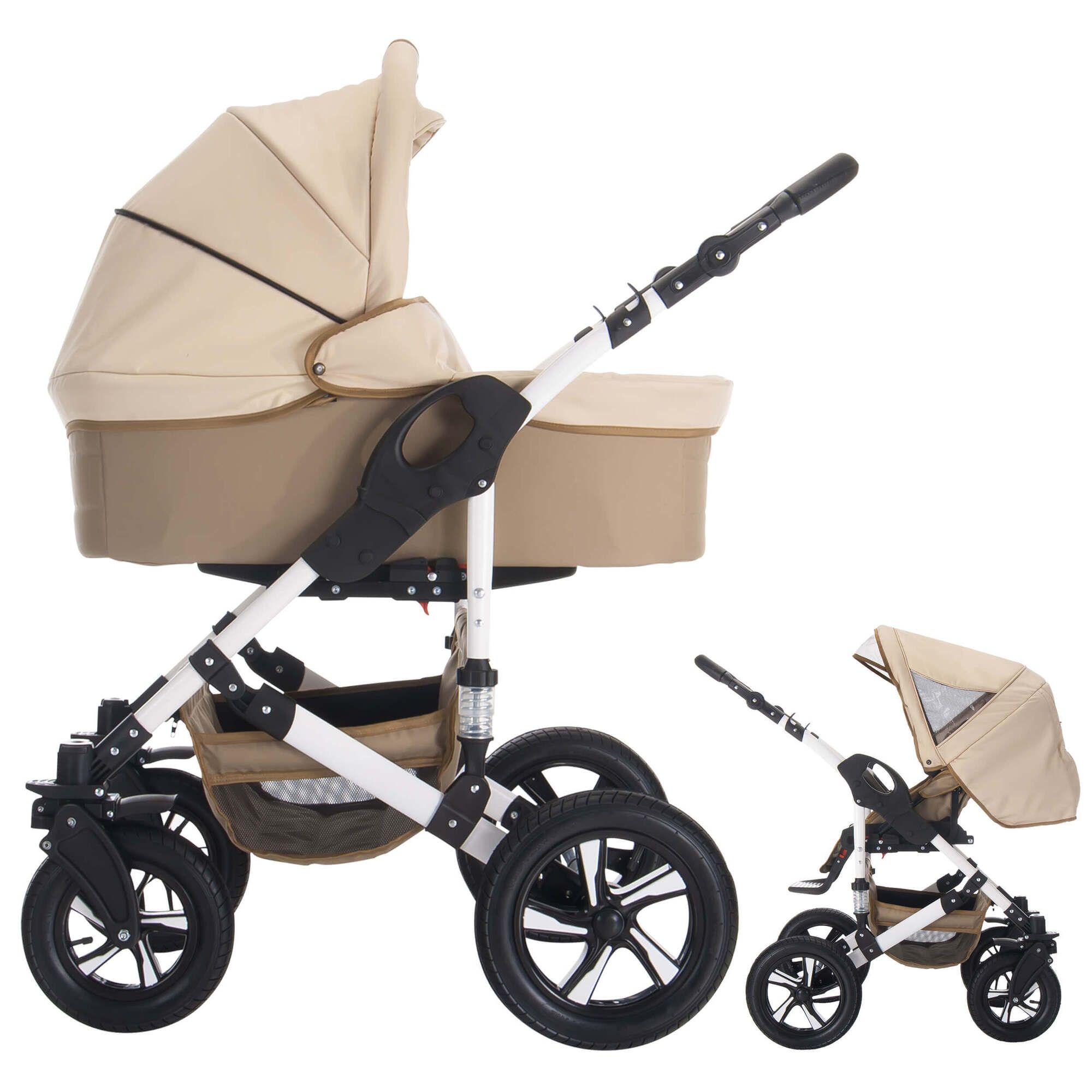 Kinderwagen in Beige und Weiß. Vier Räder, verstellbarer Griff, Sonnenverdeck. Zusätzliche kleinere Ansicht.