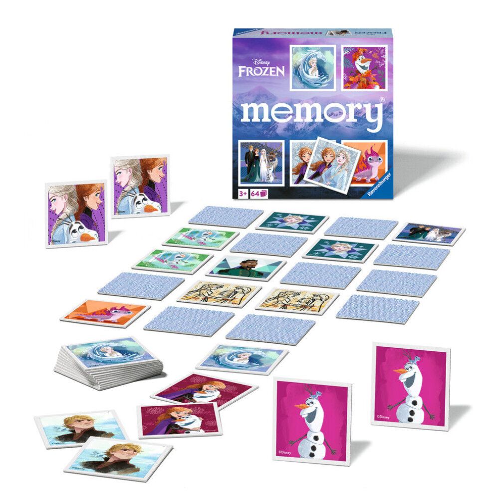Ravensburger Memory Disney Frozen. Spielkarten mit verschiedenen Motiven. Box und Karten liegen auf einer Oberfläche.