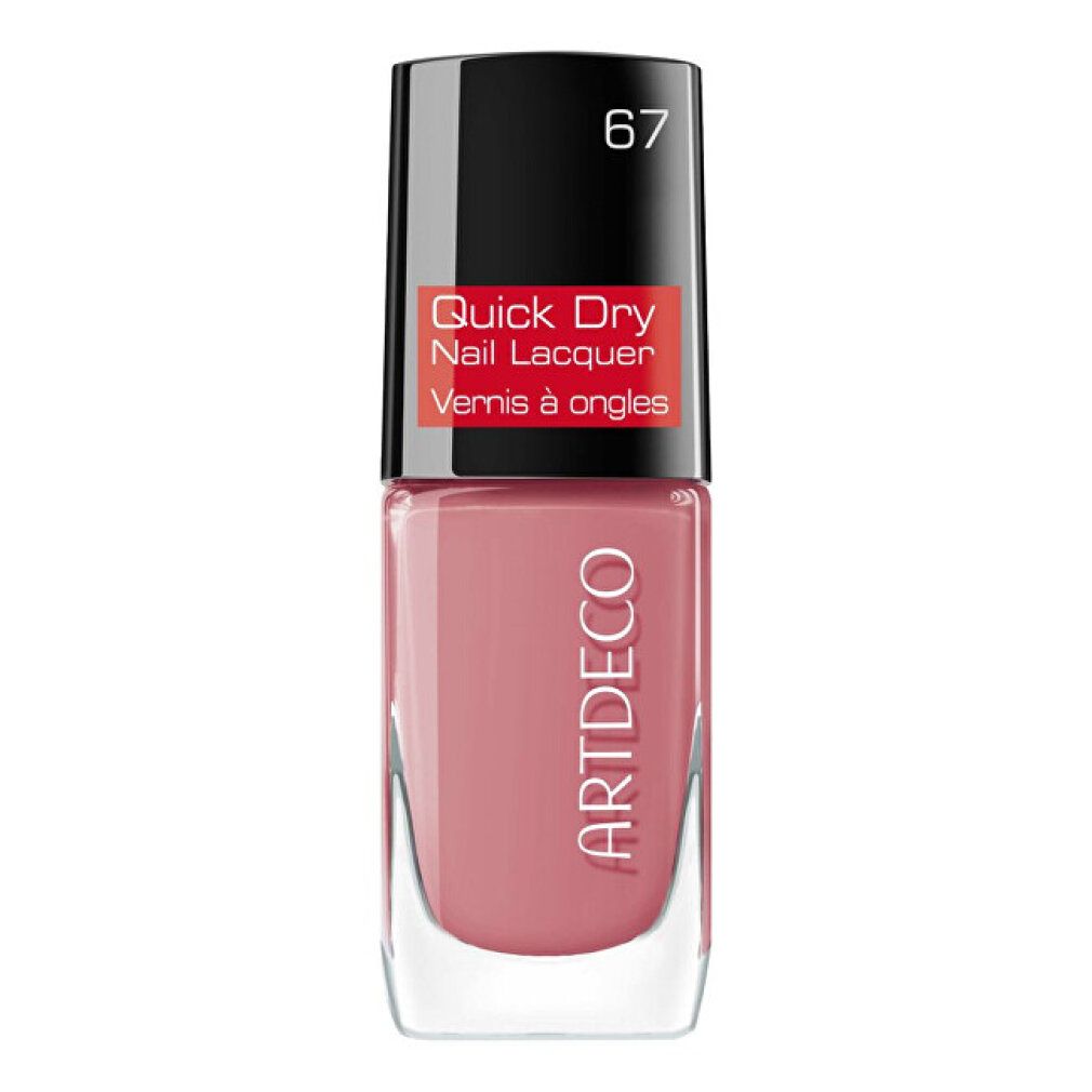 Nagellack-Flakon, rosa, mit schwarzem Deckel. Aufschrift: Quick Dry Nail Lacquer, Artdeco. Farbnummer 67.