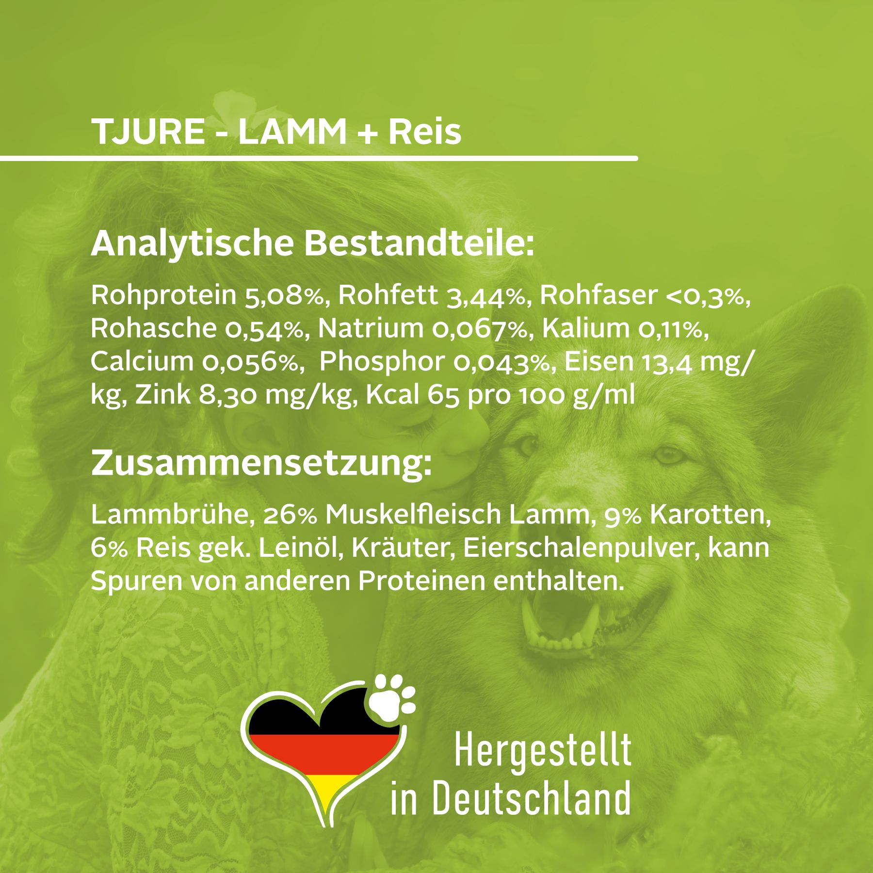Produktinformationen für Tjure-Lamm + Reis. Analytische Bestandteile und Zusammensetzung. Hergestellt in Deutschland.