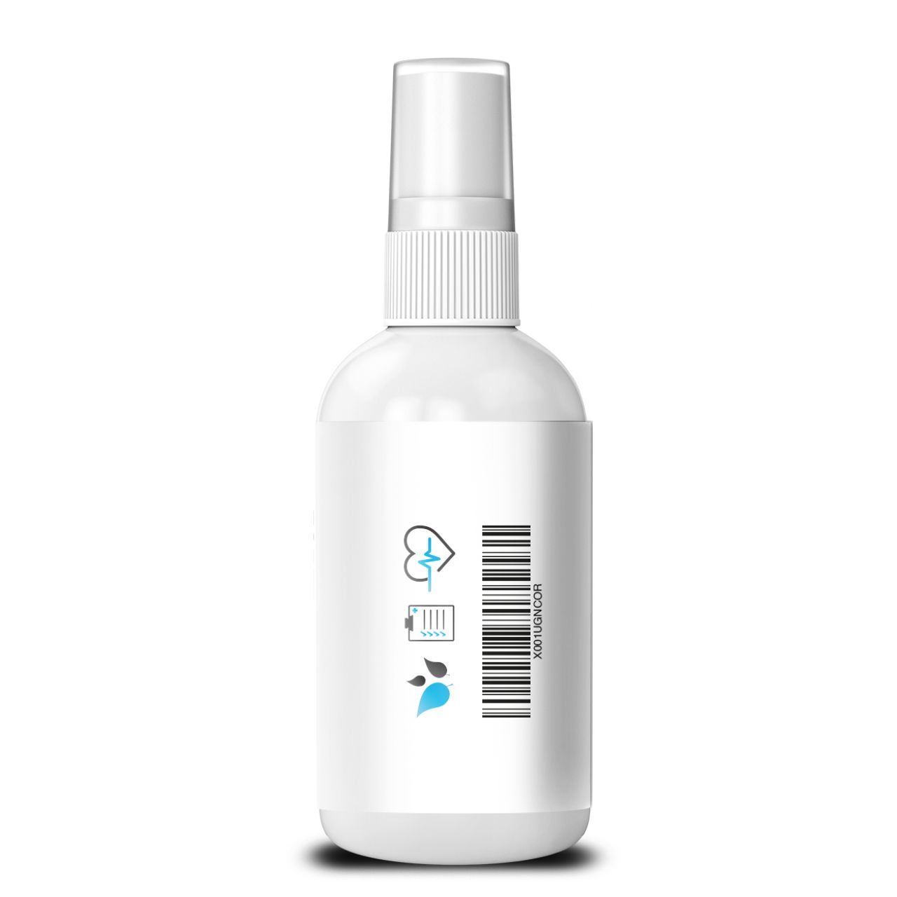 Flacone bianco con vaporizzatore. Adesivo con simboli a cuore e codice a barre. Simboli di foglie blu.
