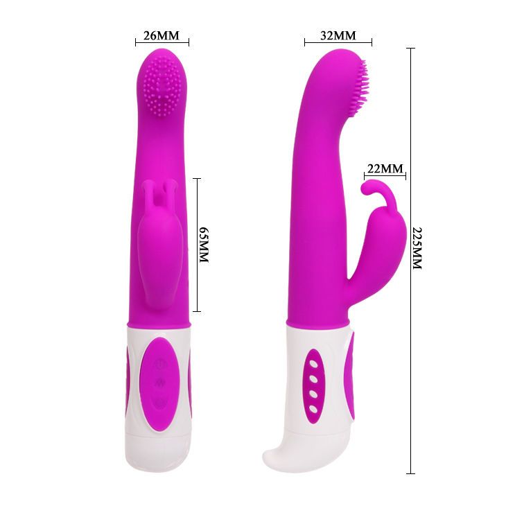 Zwei Ansichten eines lila Vibrators mit weißen Griff. Geriffelte Spitze, Hasenohren-Design. Maße.
