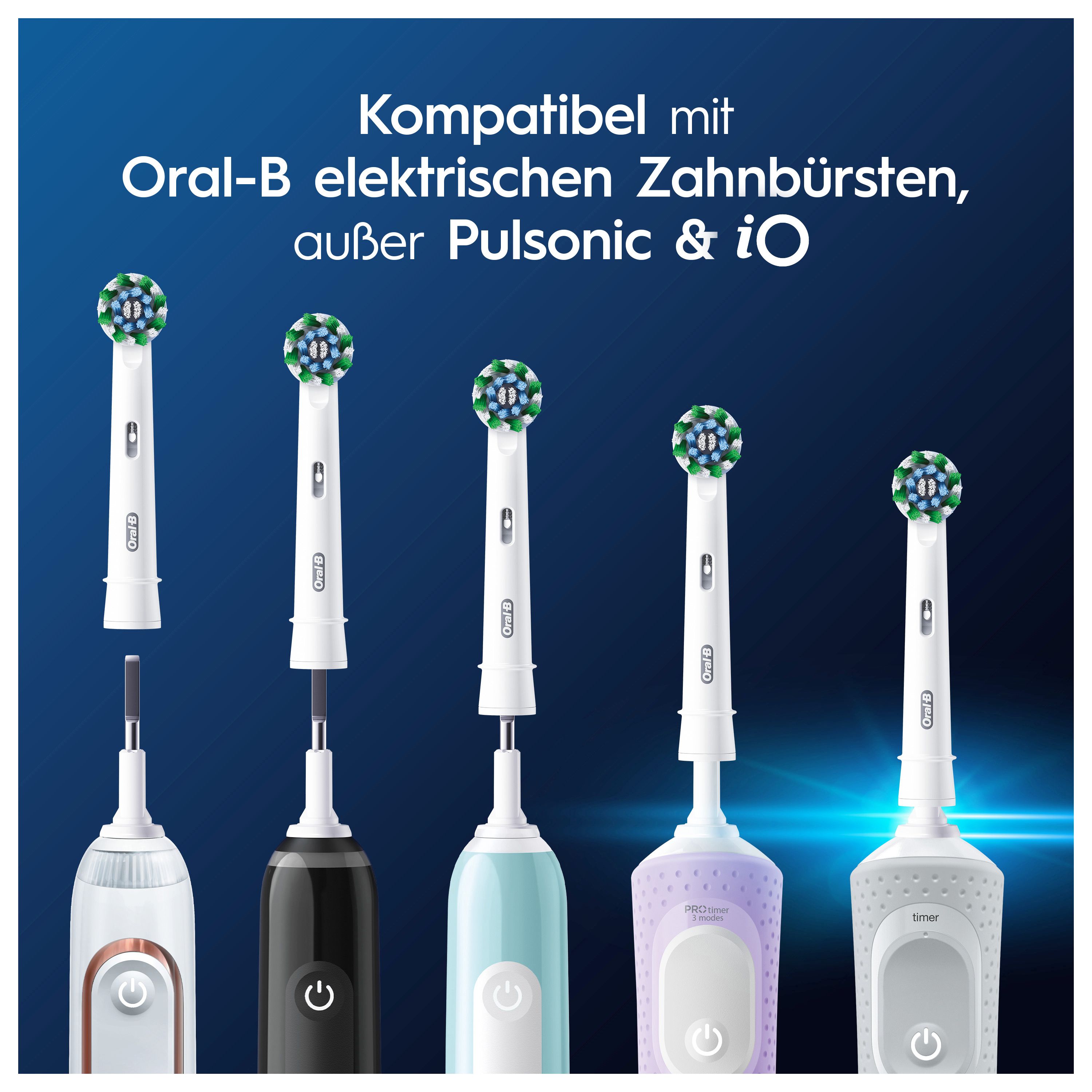 Verschiedene elektrische Zahnbürsten mit aufgesteckten Bürstenköpfen. Text: Kompatibel mit Oral-B elektrischen Zahnbürsten, außer Pulsonic & iO.