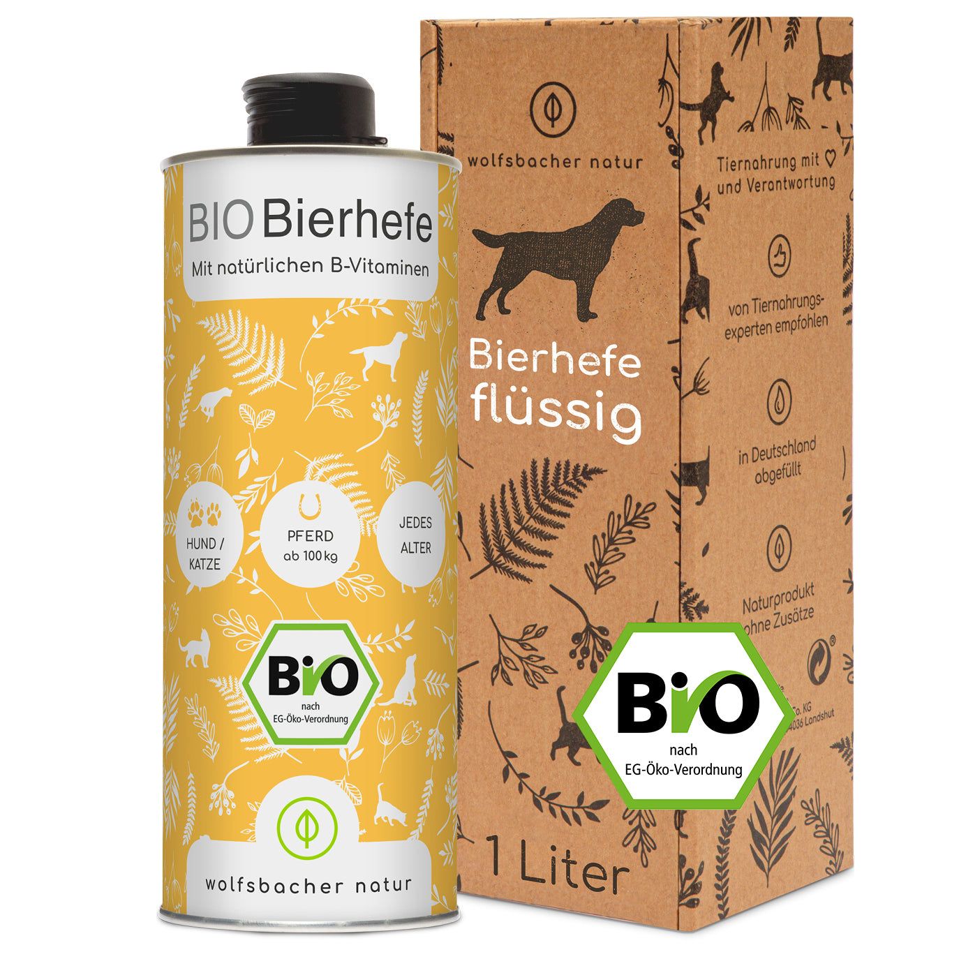 Bio Bierhefe in einer Dose und Karton. Aufschrift: Bio Bierhefe flüssig, 1 Liter, für Hunde, Katzen und Pferde. Bio-Siegel.
