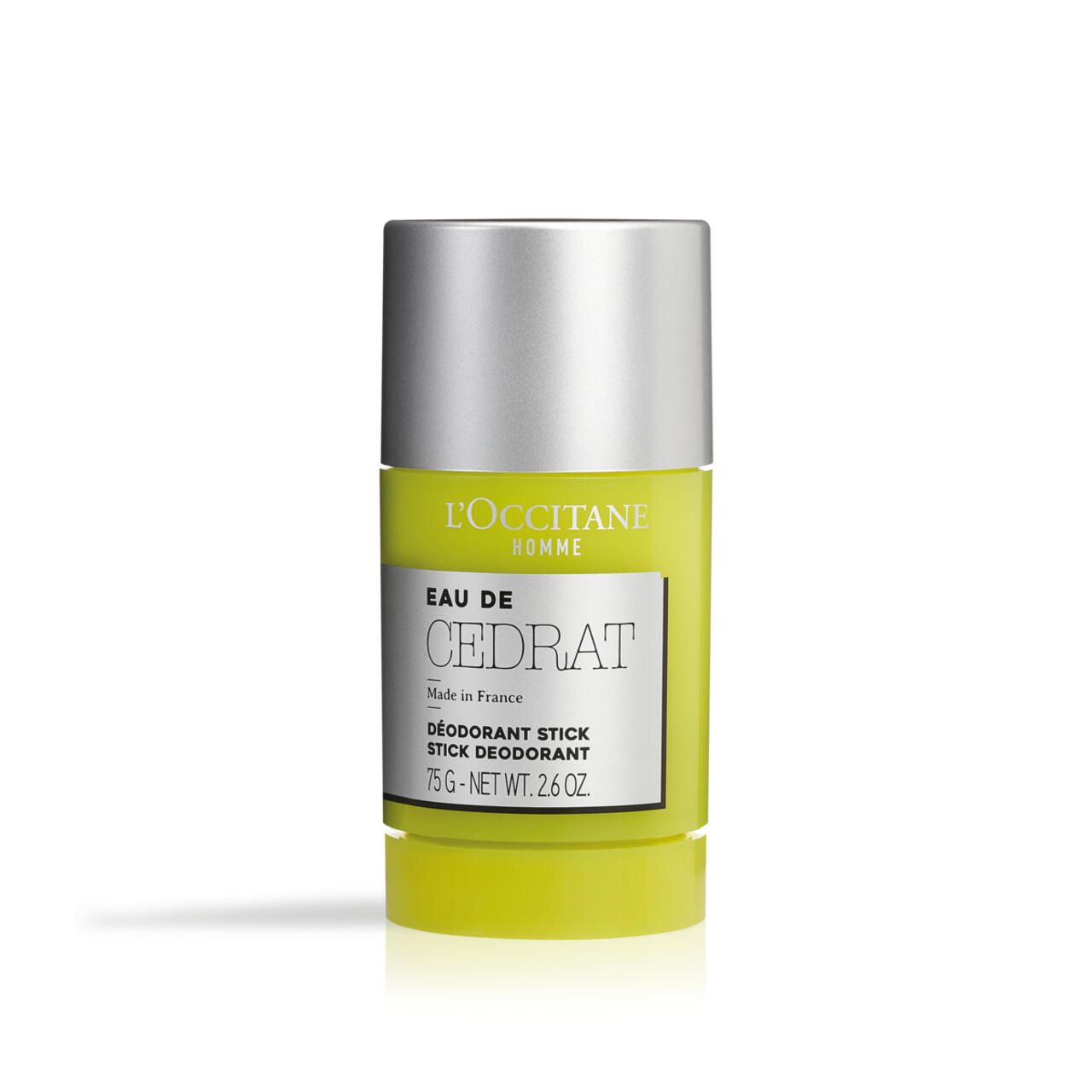Deostift. Zylinderförmig, gelb und silberfarben. Beschriftung: Eau de Cédrat, L'Occitane. Netto 75g.