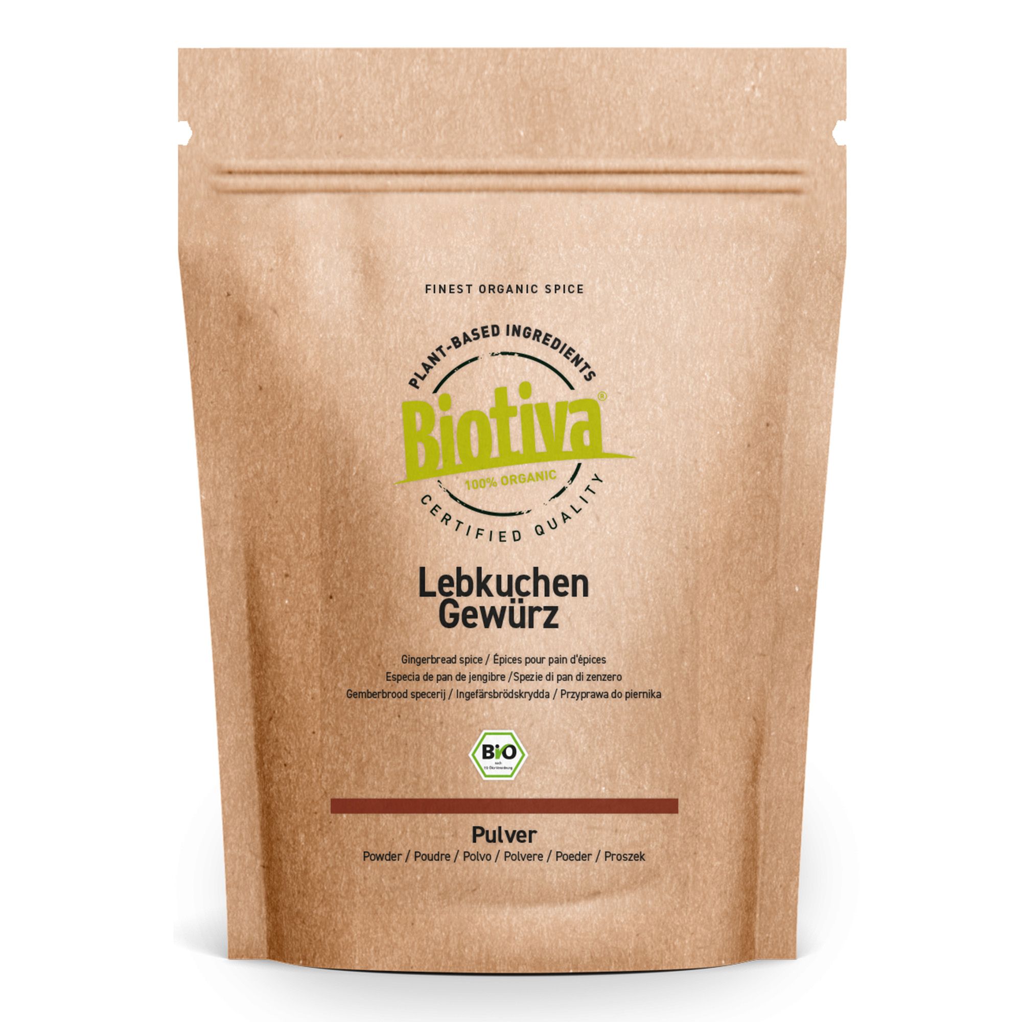 Braune Papiertüte mit Biotiva-Logo und Aufschrift Lebkuchen Gewürz. Enthält Pulver. Bio-Zertifizierung.