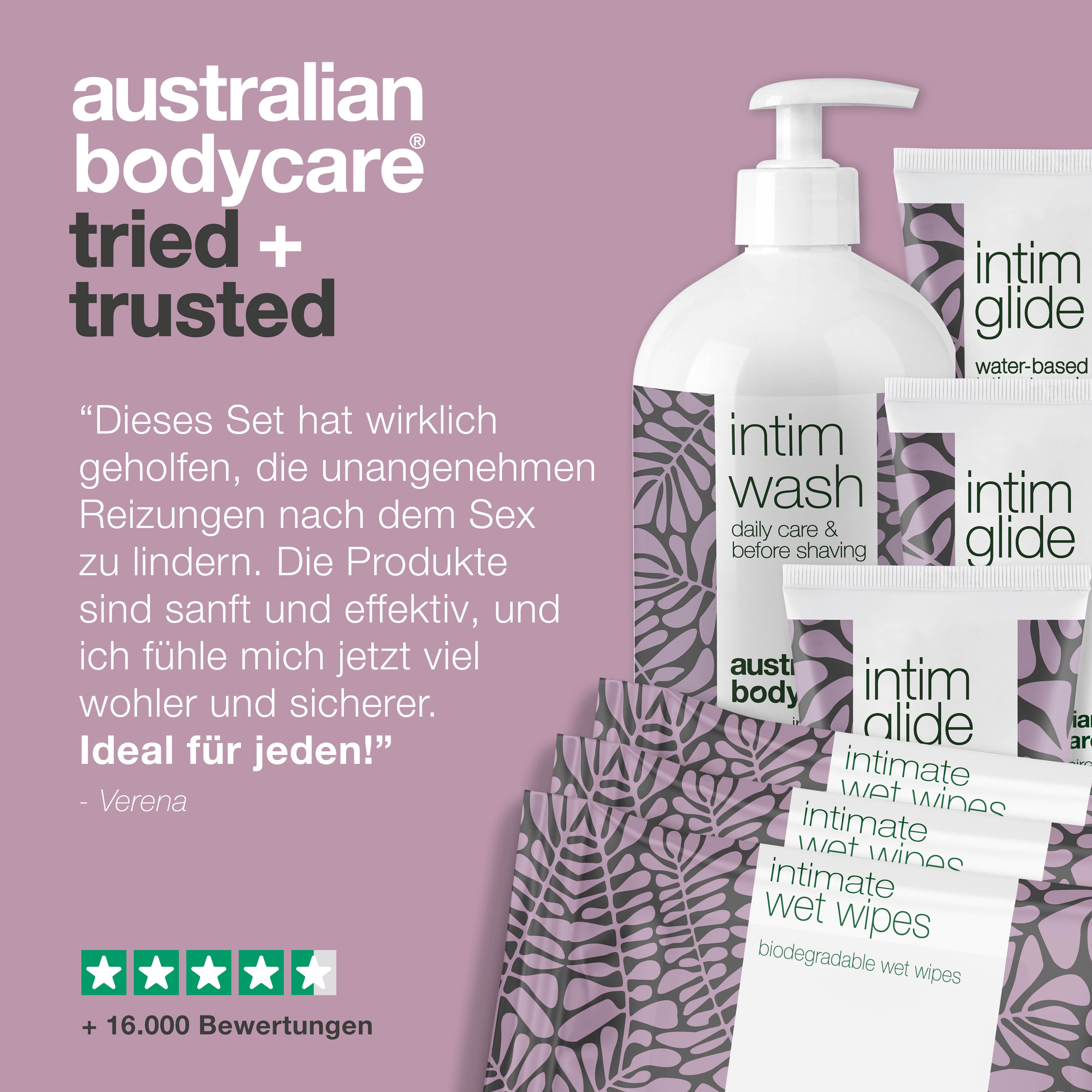 Produktabbildung: Intim Wash, Intim Glide, Intimate Wet Wipes. Text: Tried + Trusted.