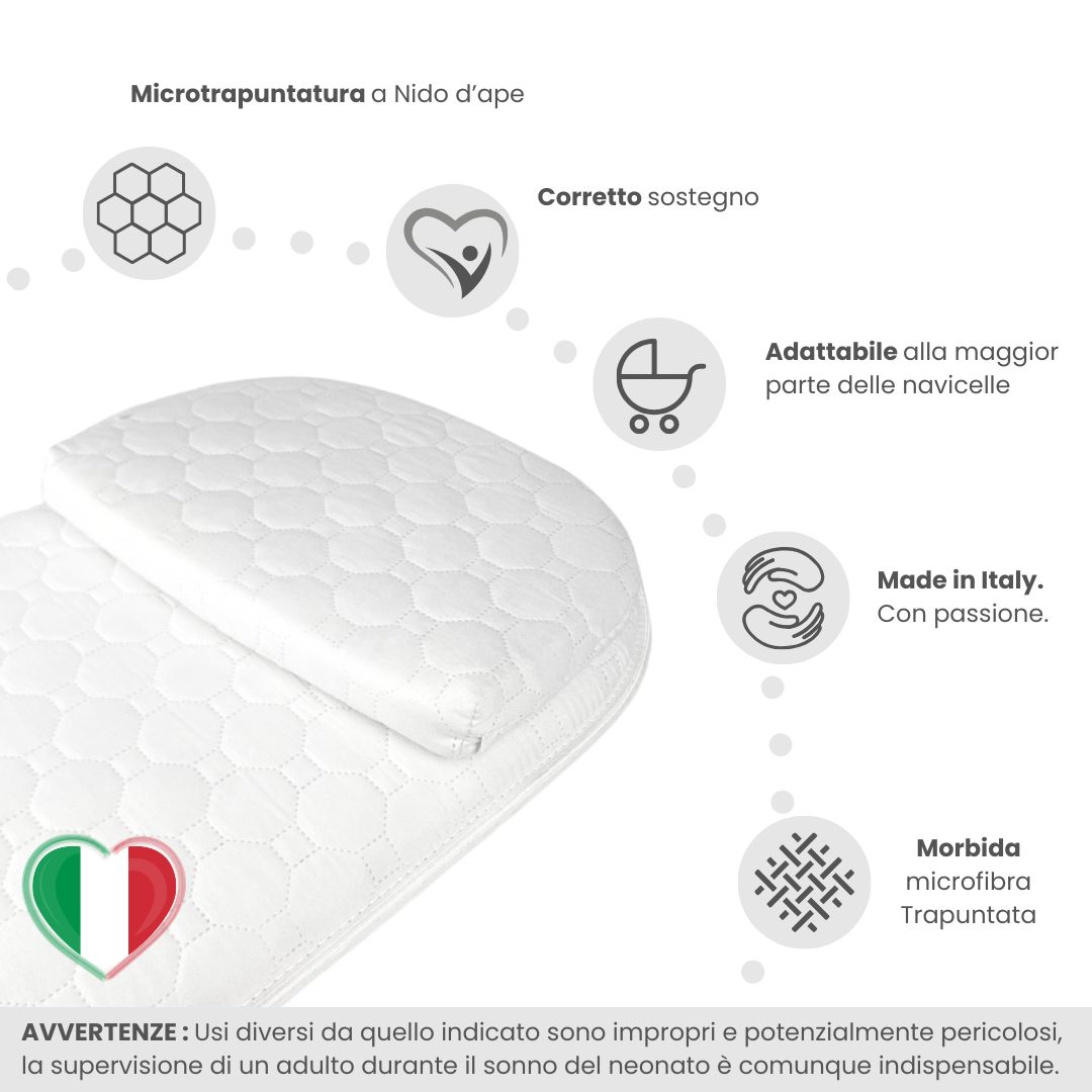 Set materasso e cuscino per neonato bianco. Microtrapuntatura a nido d'ape, Made in Italy. Morbida microfibra.