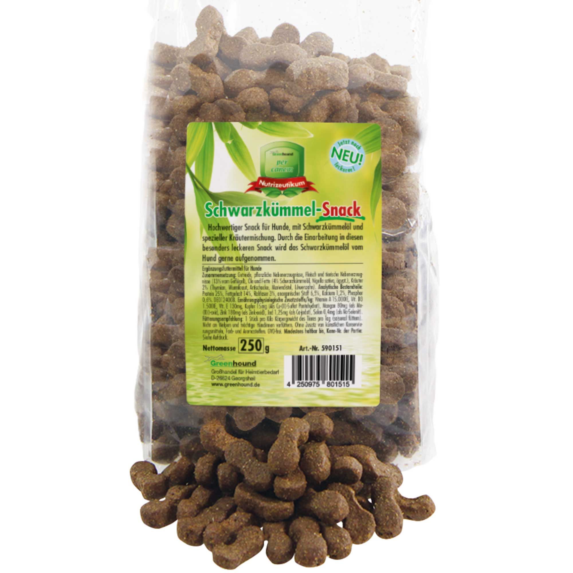 Transparente Verpackung mit braunen Hundesnacks in Knochenform. Produktinformationen sind aufgedruckt. Aufschrift: Schwarzkümmel-Snack.