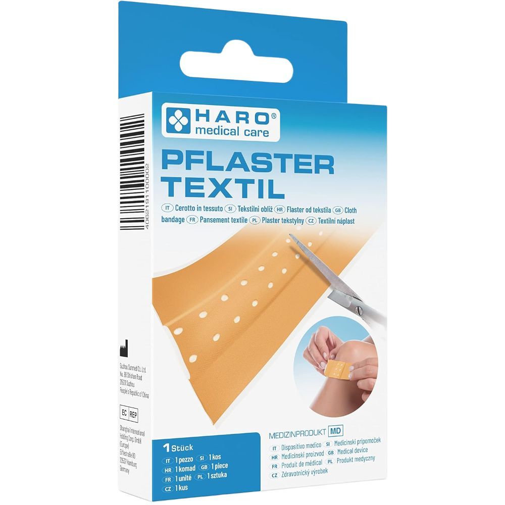 Verpakking Haro Pflaster Textil. Textiel wondpleister om te knippen. Doos met productafbeelding en schaar.