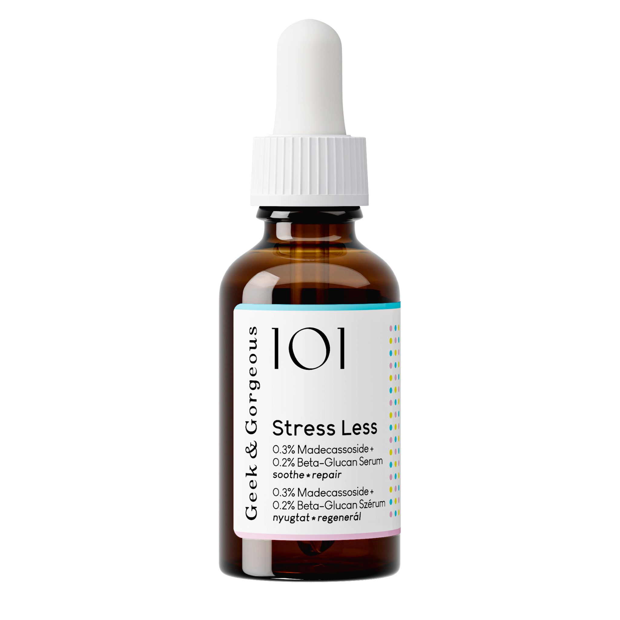 Braune Glasflasche mit Pipette und weißem Deckel. Aufschrift: Stress Less. Produktetikett mit Inhaltsstoffen.